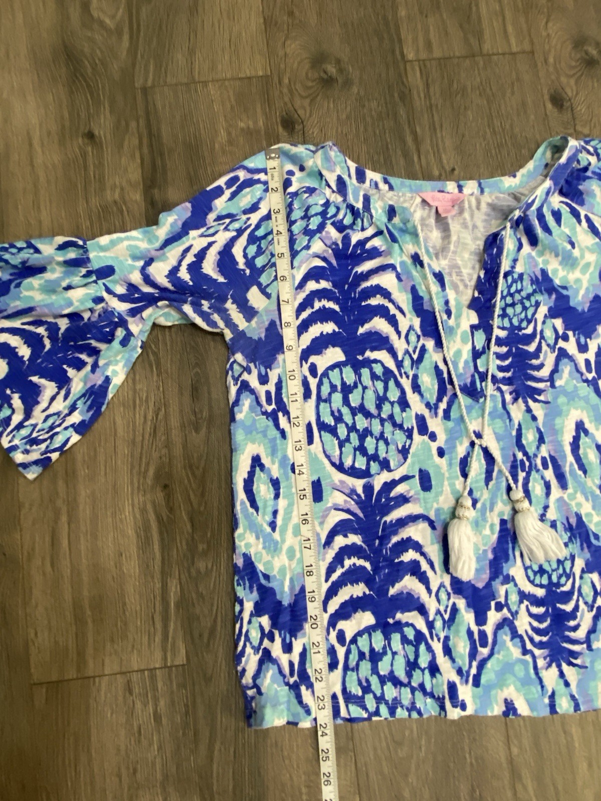 LILLY PULITZER Tropi Call Me Blue Tunic Top Medium Tassels Flared Bell Sleeves