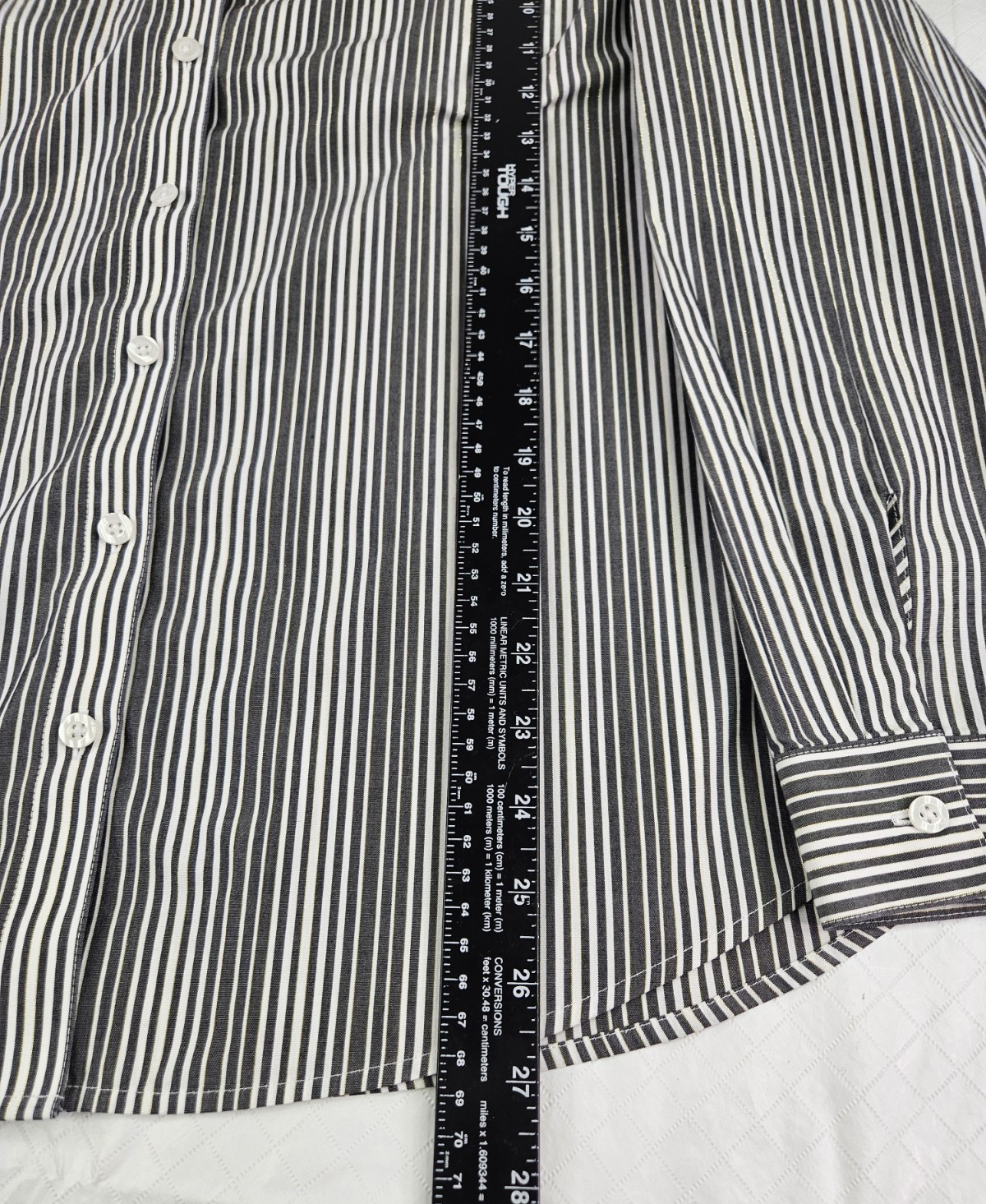 Chico’s Blouse Women 2 (12) Gray White Gold Stripe Career Professional Button