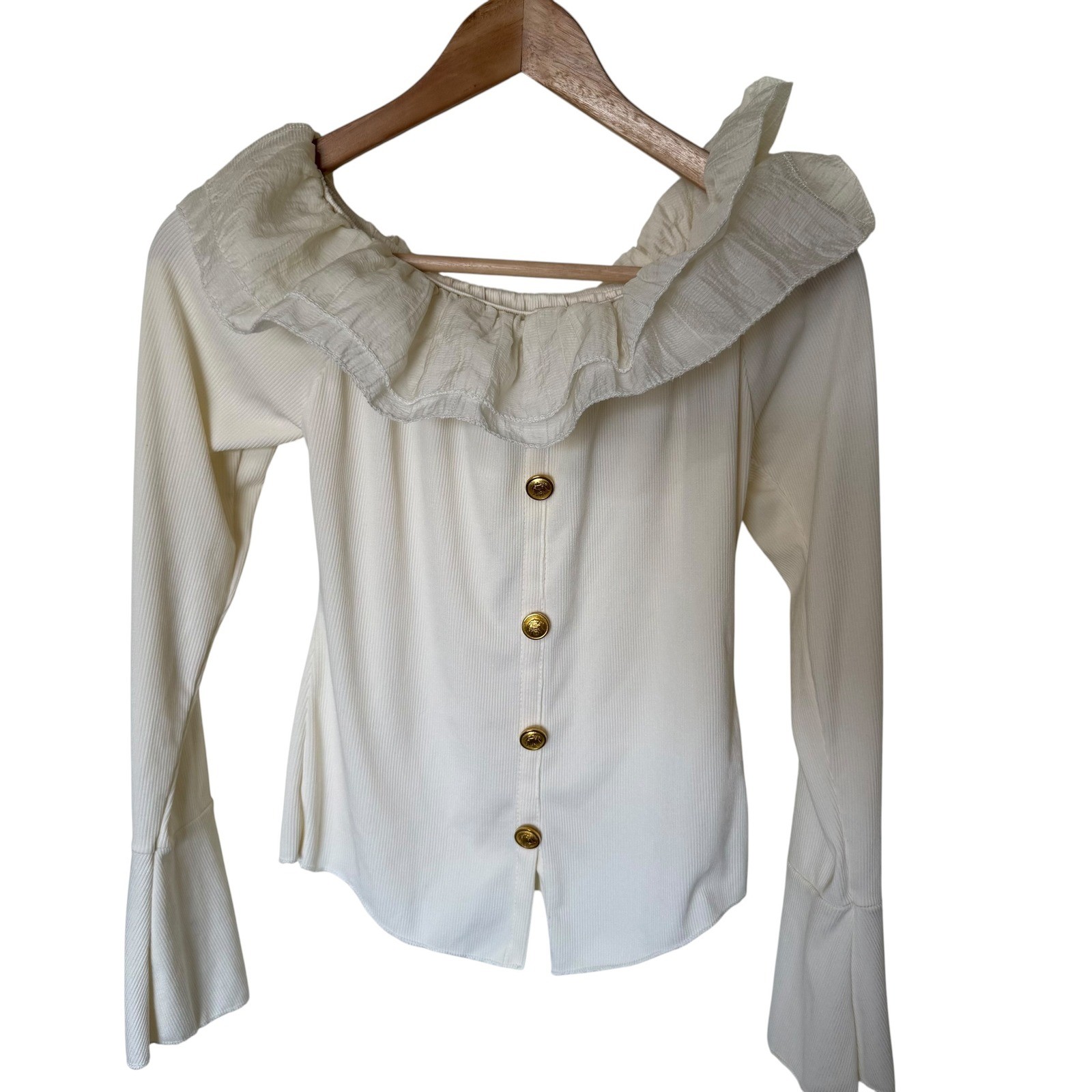 Unbranded Ruffle Off Shoulder Top Womens Cream Excellent Gold Button Ribbed Knit
