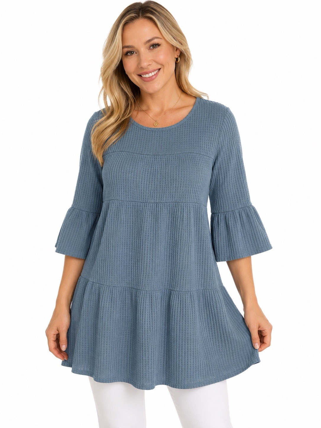 Robert Louis Women’s Small Blue Waffle Knit Tiered Boho Tunic Top – 0729