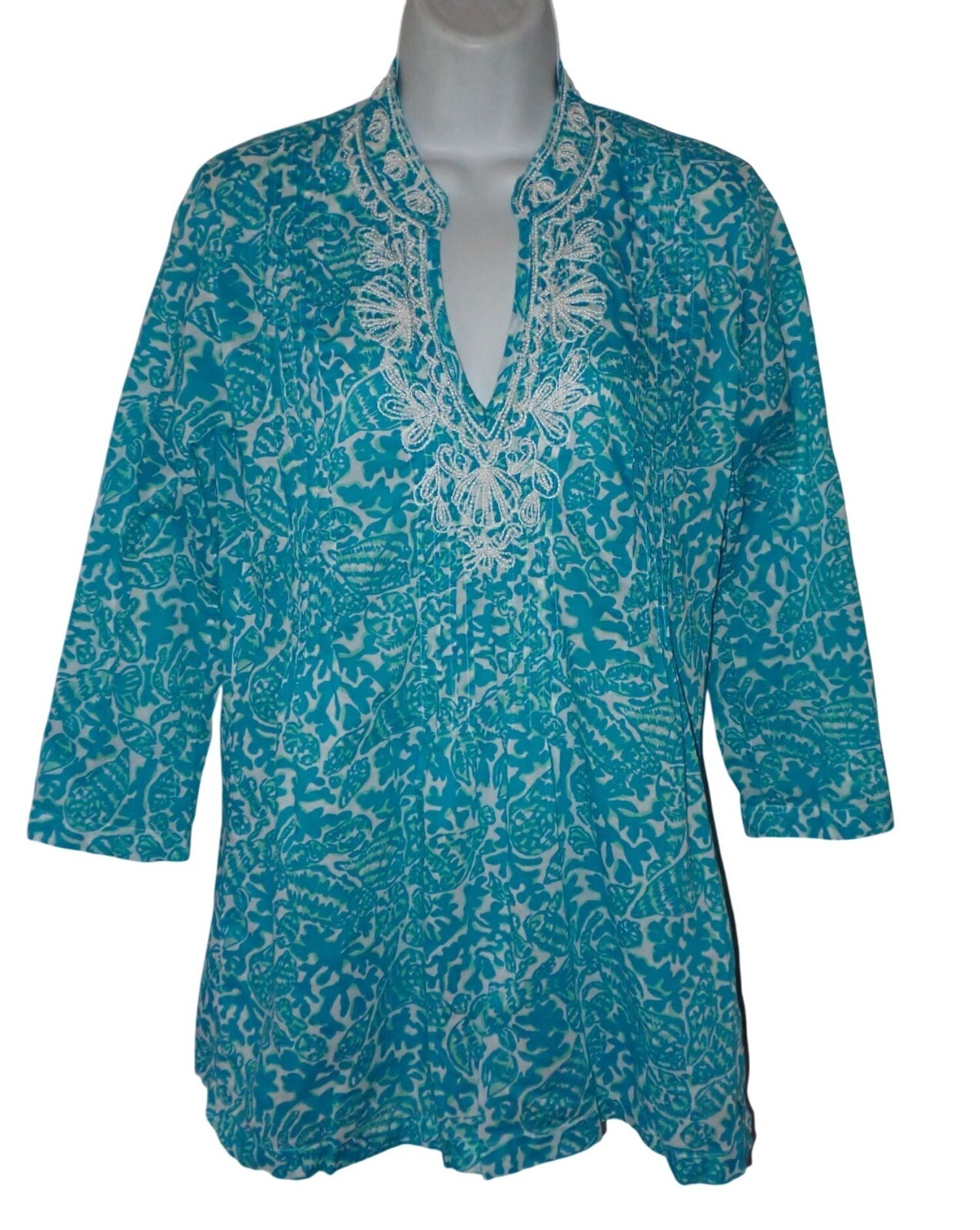 Lilly Pulitzer Sarasota Blue beaded Tunic Top Size S Shells Print Beach Casual