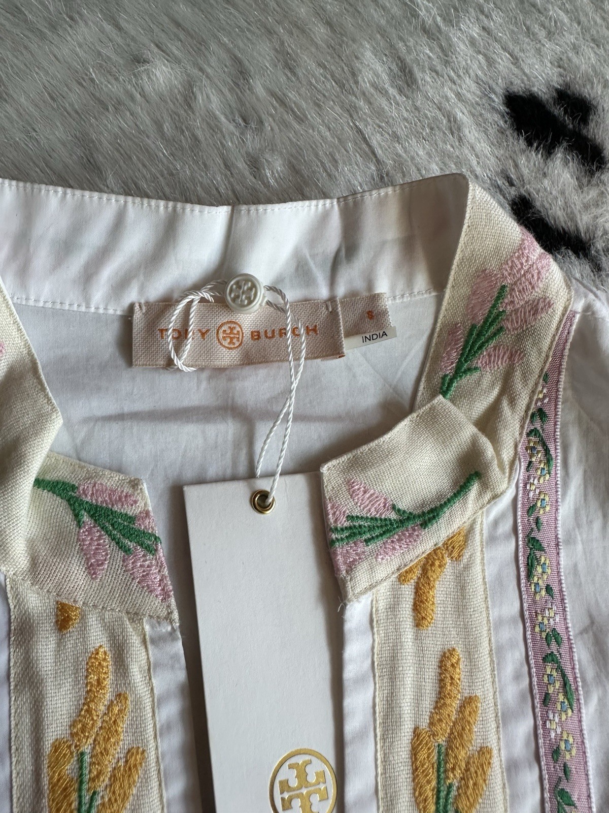 Tory Burch size 2 Embroidered White Boho Tunic with Yellow Floral Accents