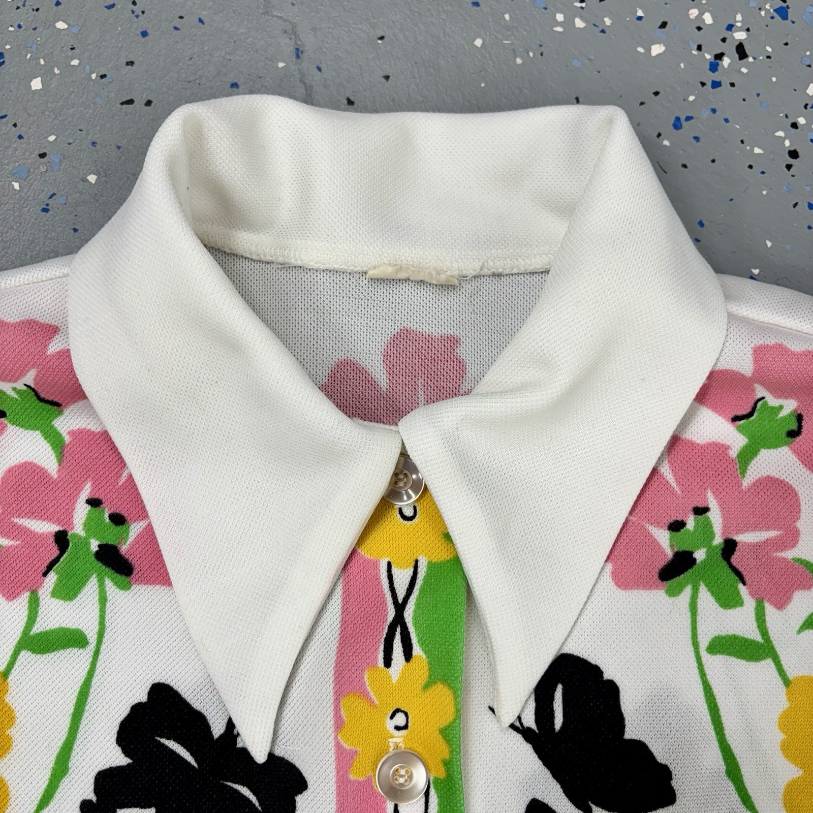 Vintage 70s Butterfly Floral Knit Button Up Blouse Long Sleeve Dagger Collar 1X