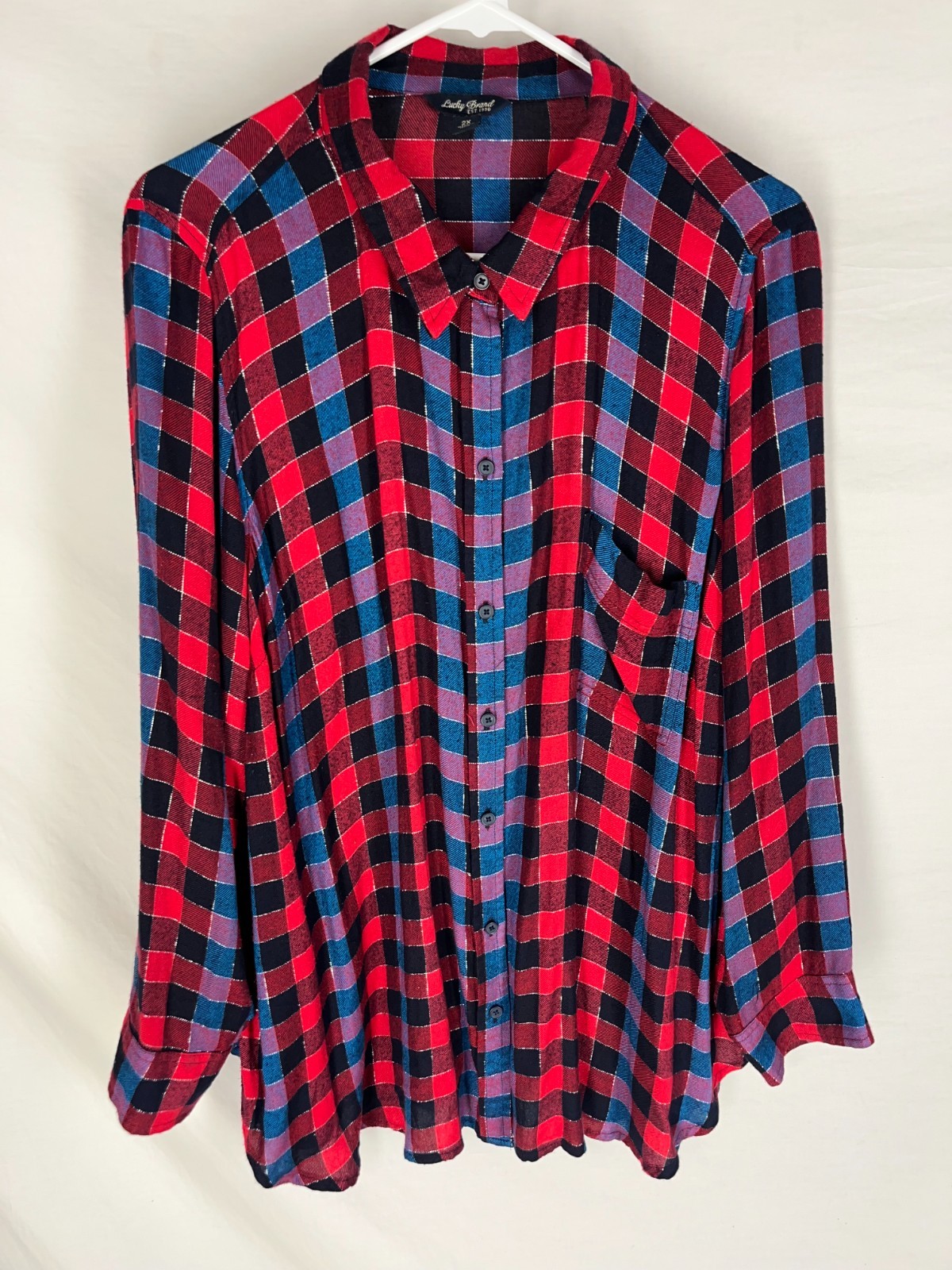 LUCKY BRAND Shirt Plus Size 2X Red Blue Metallic Flannel Button up Womens