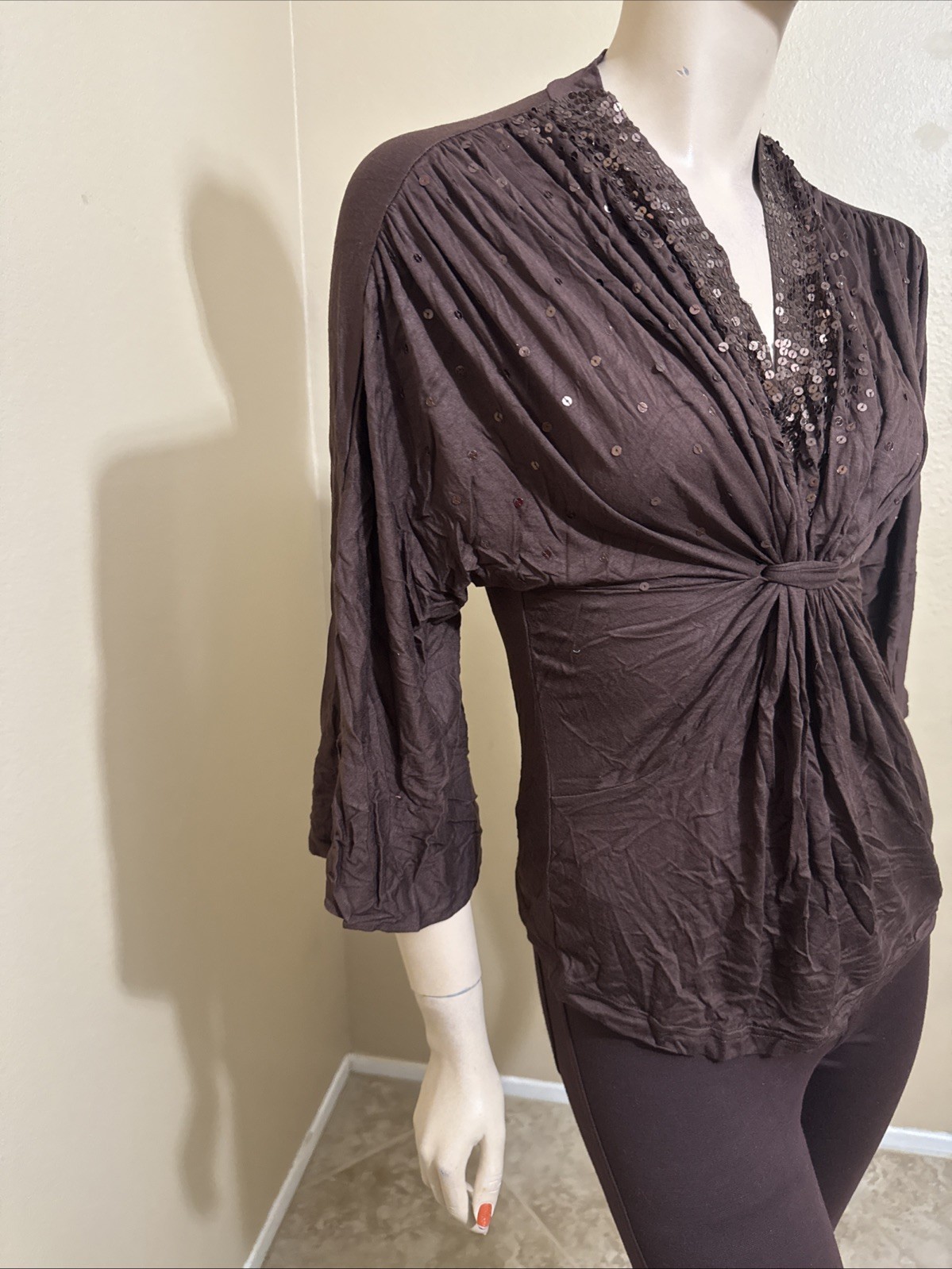 Women’s Brown Rayon Casual Pleated Stretch Beaded Bundle Size L Blouse Top