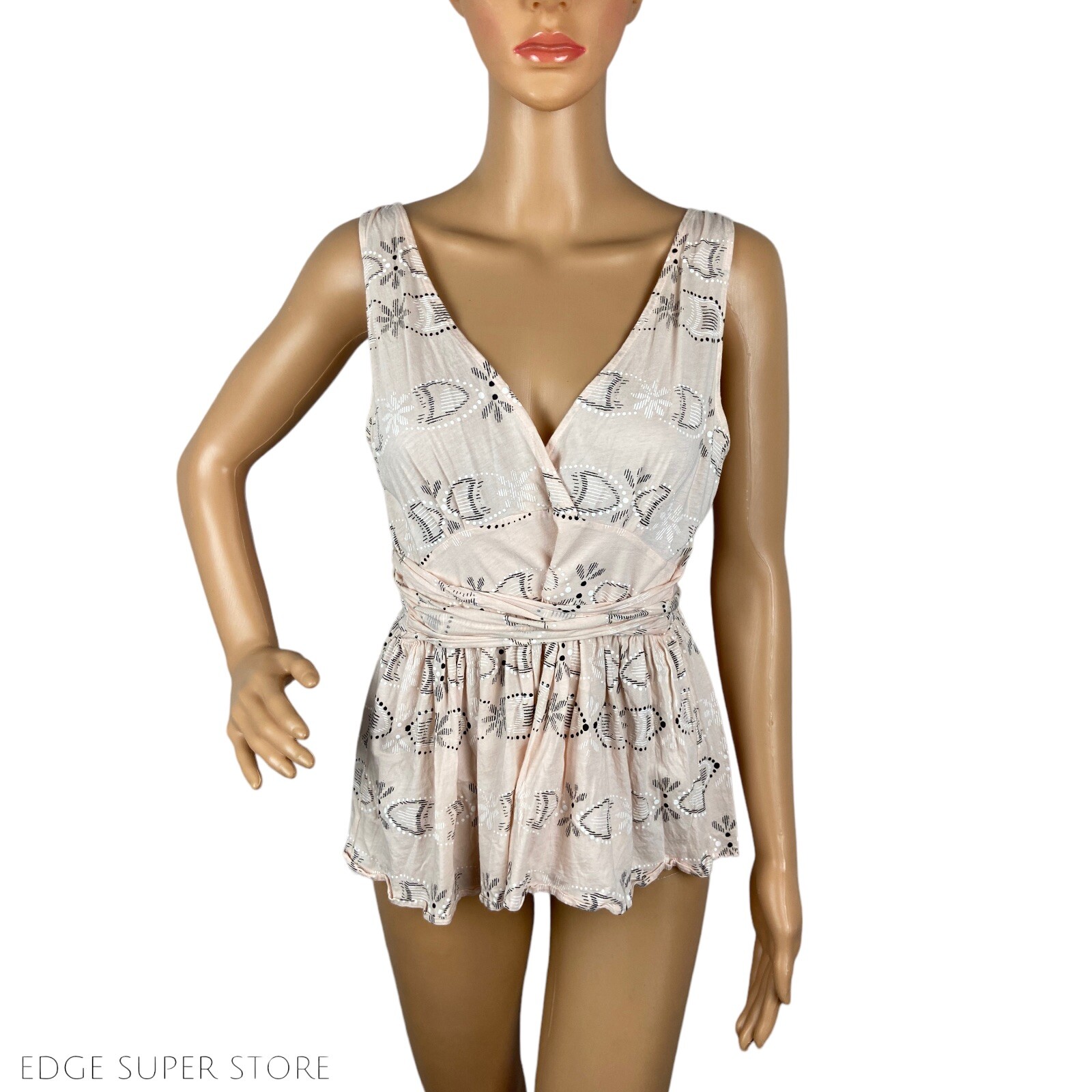 Anthropologie C Kerr Pink Print Sleeveless Peplum Tie Up Blouse Top Size Medium