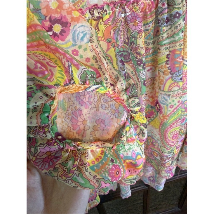 Umgee USA Sheer Paisley Babydoll Tunic Top Pink Yellow Green Small Boho Tiered