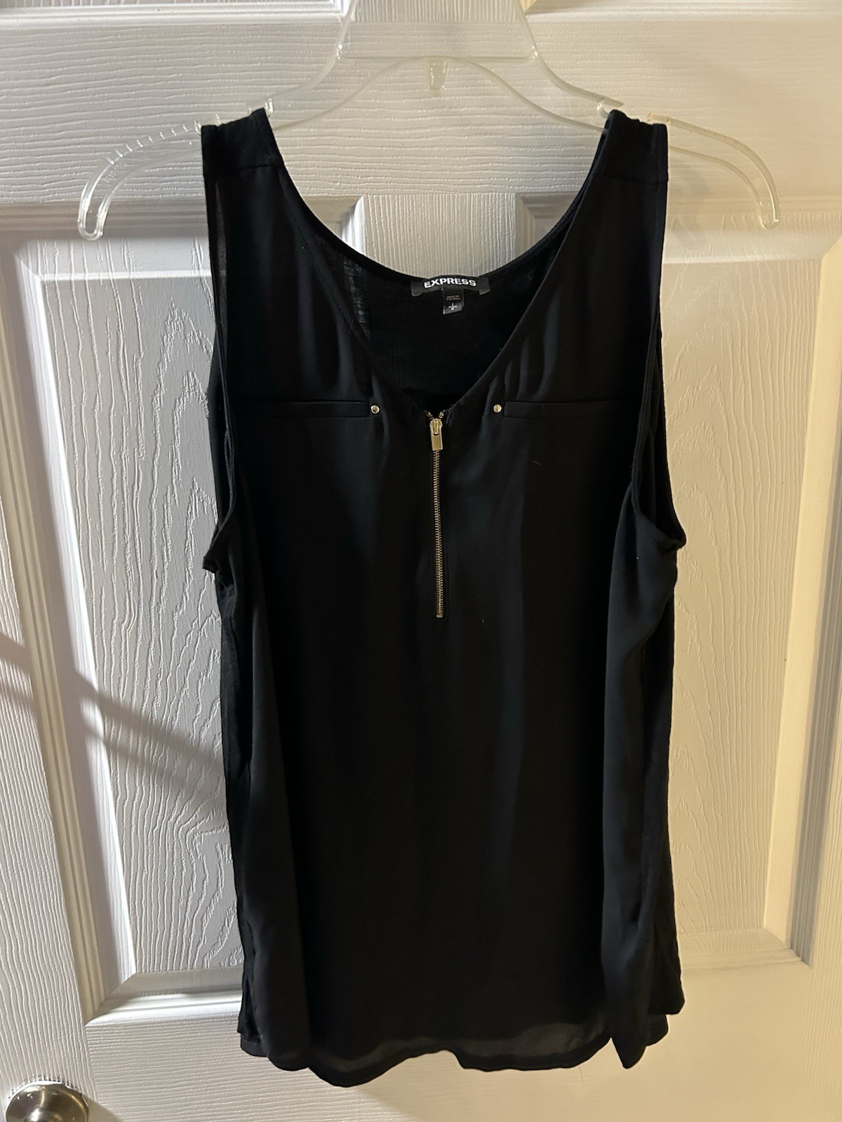 Express black sleeveless top gold half-zipper accent decorative front pockets