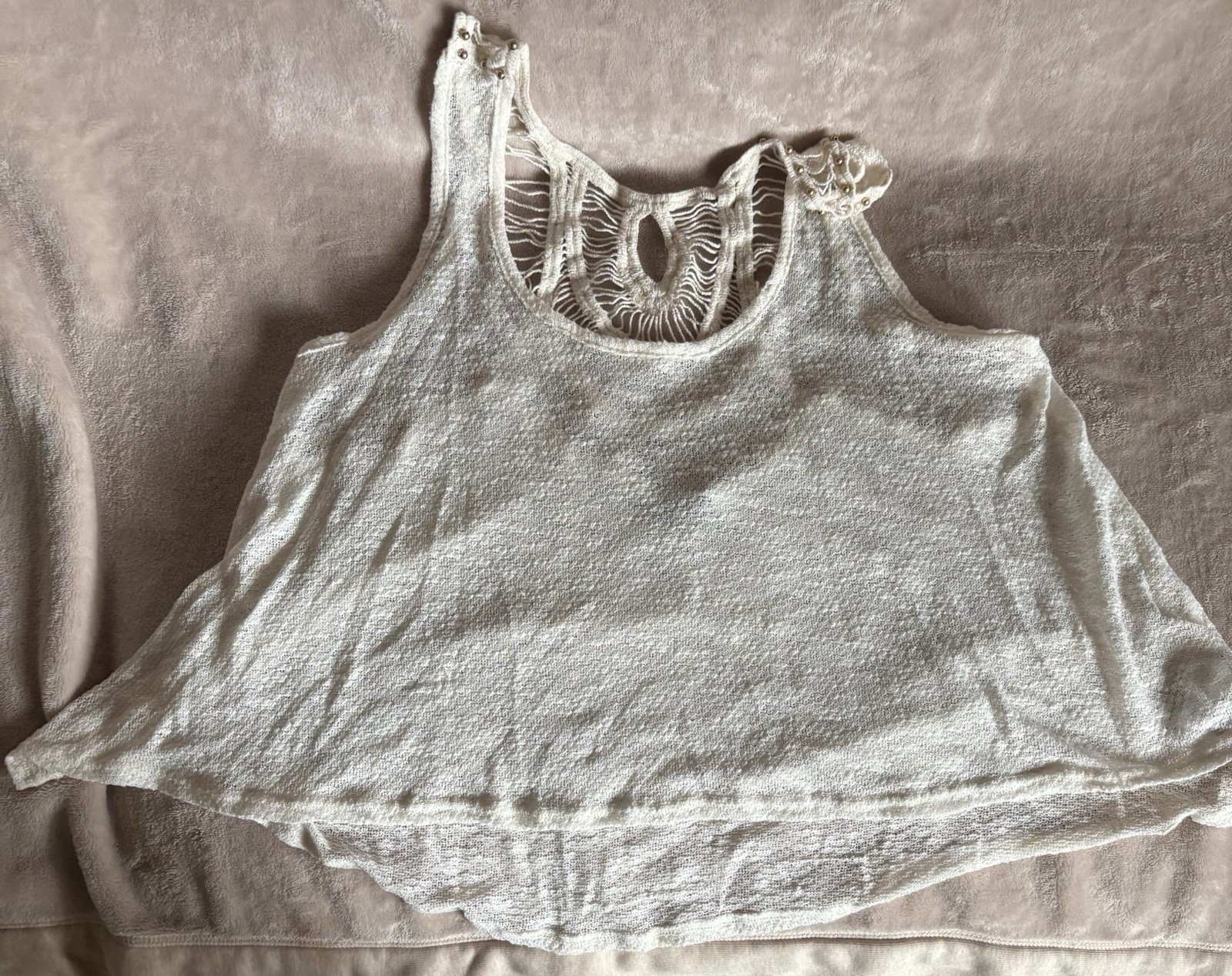 Boho Womens TankTop M Crochet Cream Beaded Oversized Layer SeethruFestival Beach
