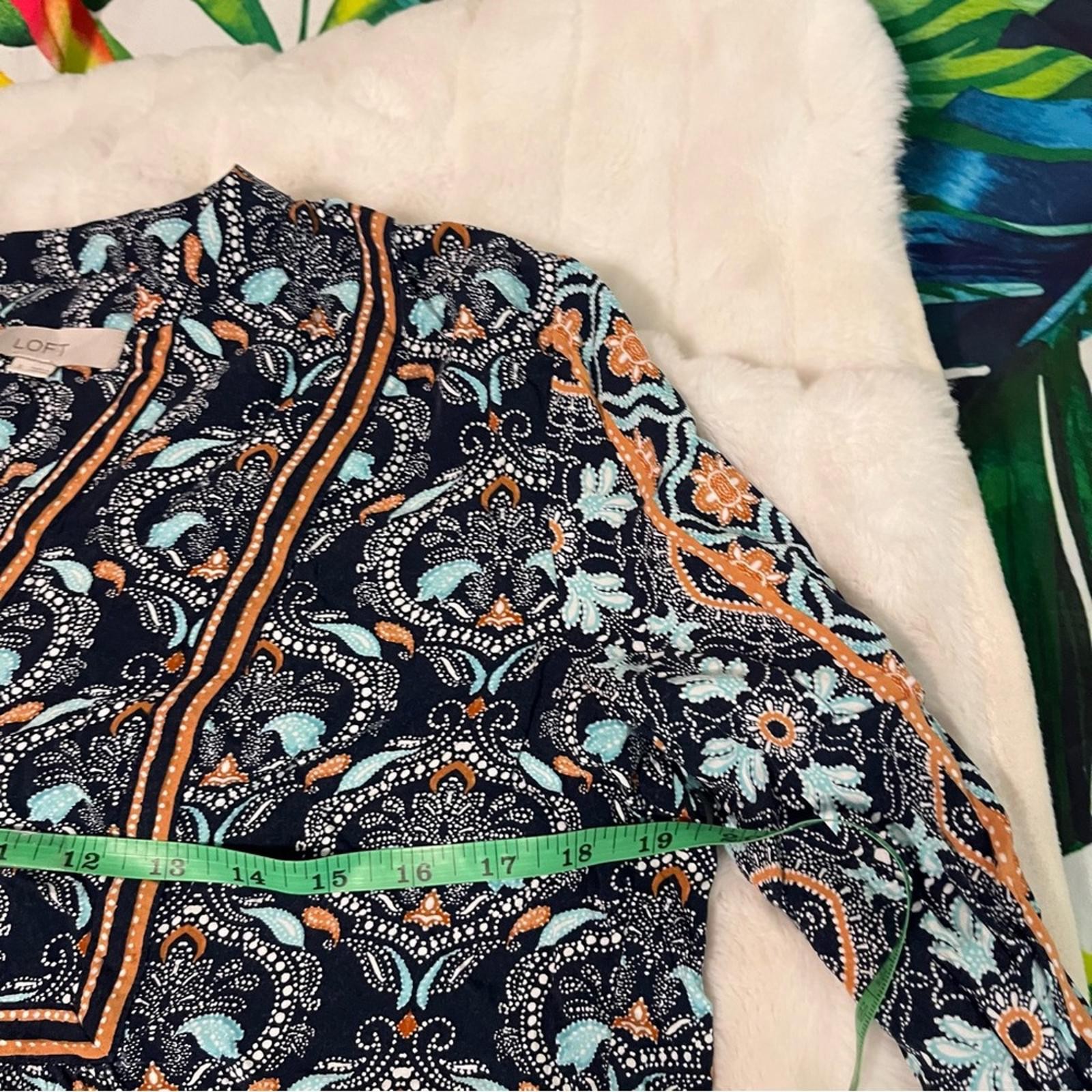 Loft S Dark Blue Orange Paisley V Neck Lightweight Boho Blouse