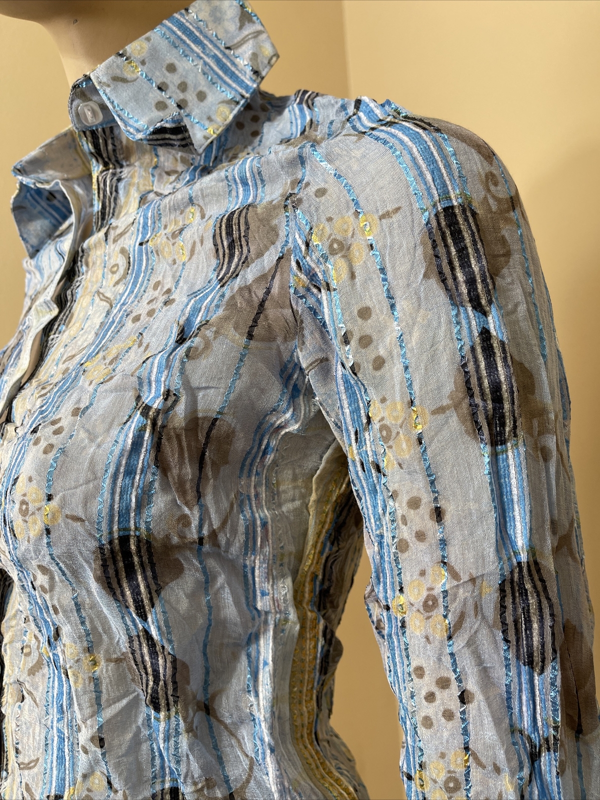 Women’s Light Blue Floral Polyester Casual Strip Pleat Size S Button Blouse Top