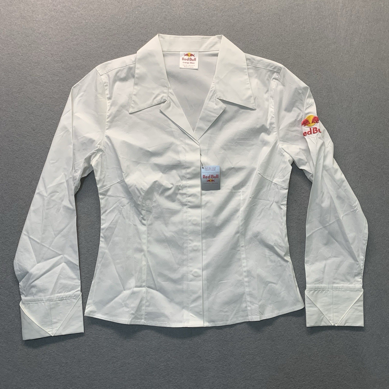 Red Bull Energy Drink Button Up Top Shirt Women’s Size S White Long Sleeve NWT