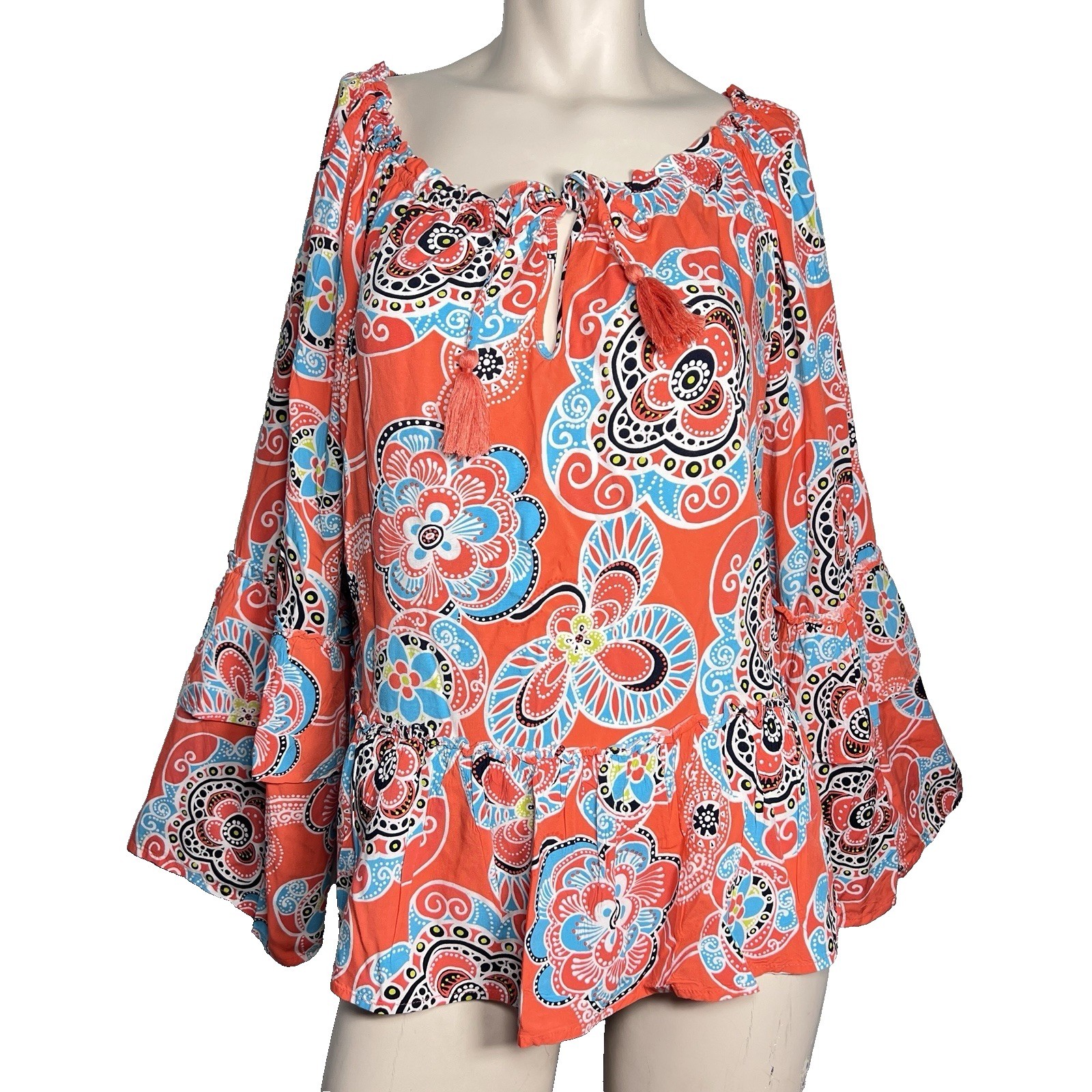 Paisley Peasant Blouse Top Womens Large Boho Festival Flowy Bell Sleeve Tassel