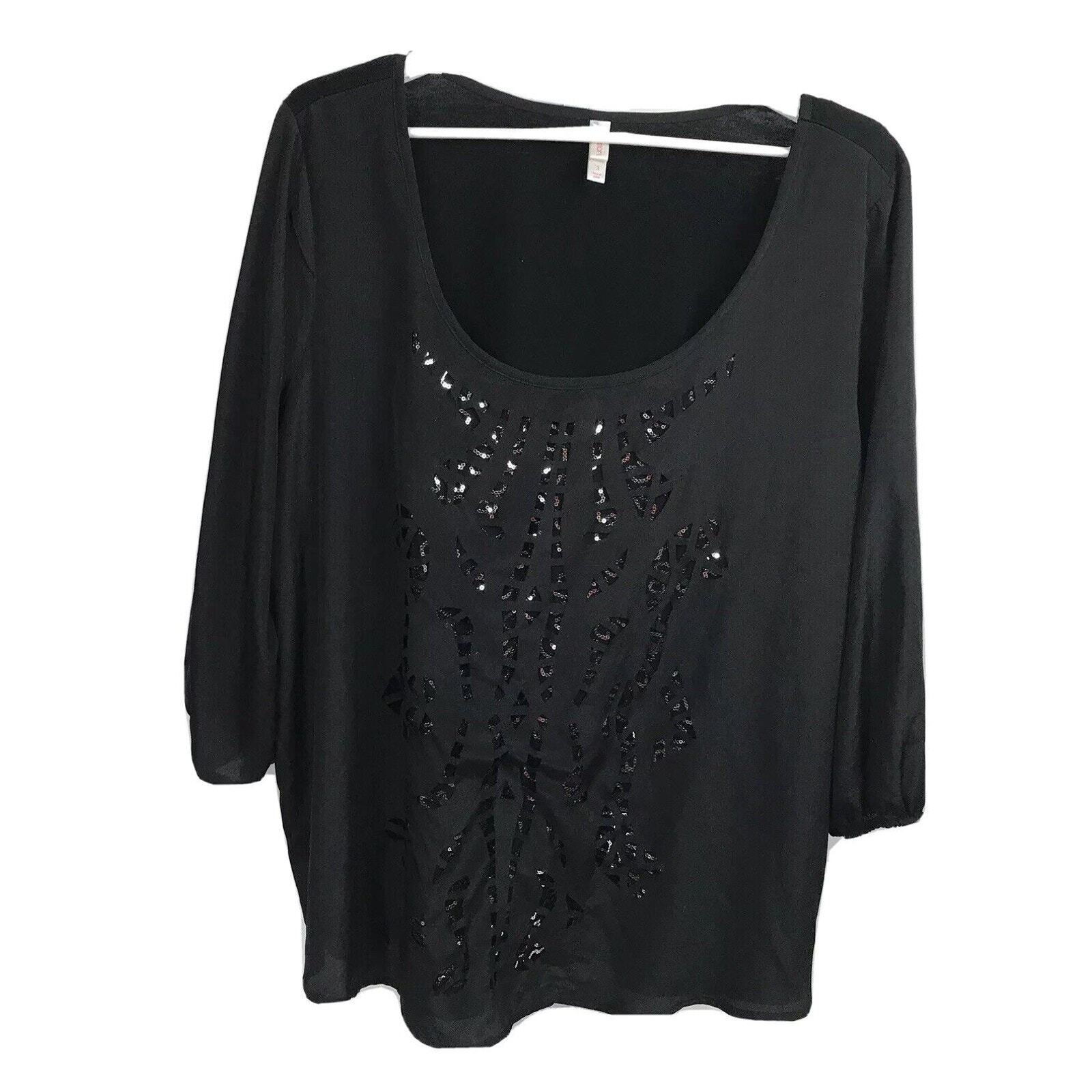 Xhilaration Womans Black Layered Over Seqins Blouse Size 3 Scoop Neckline