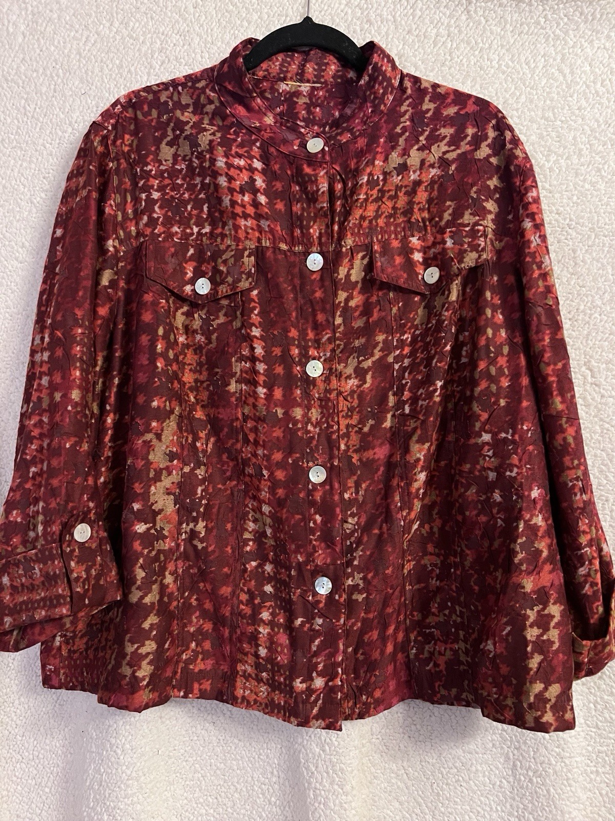 RUBY RD Burgundy Multi-Color Tab 3/4 Sleeve Button Front Sheer Blouse Sz XL