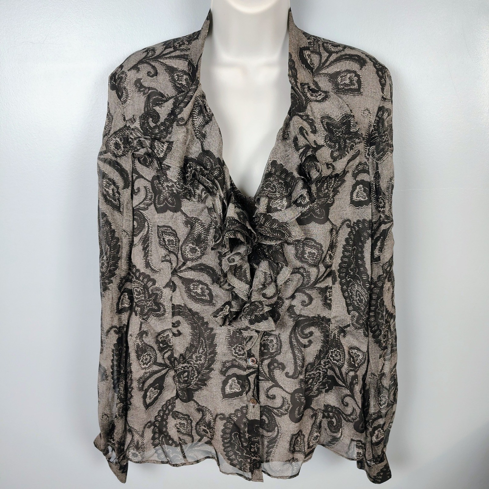 Lafayette 148 New York 100% Silk Paisley Ruffle Blouse Grey Black Size 12
