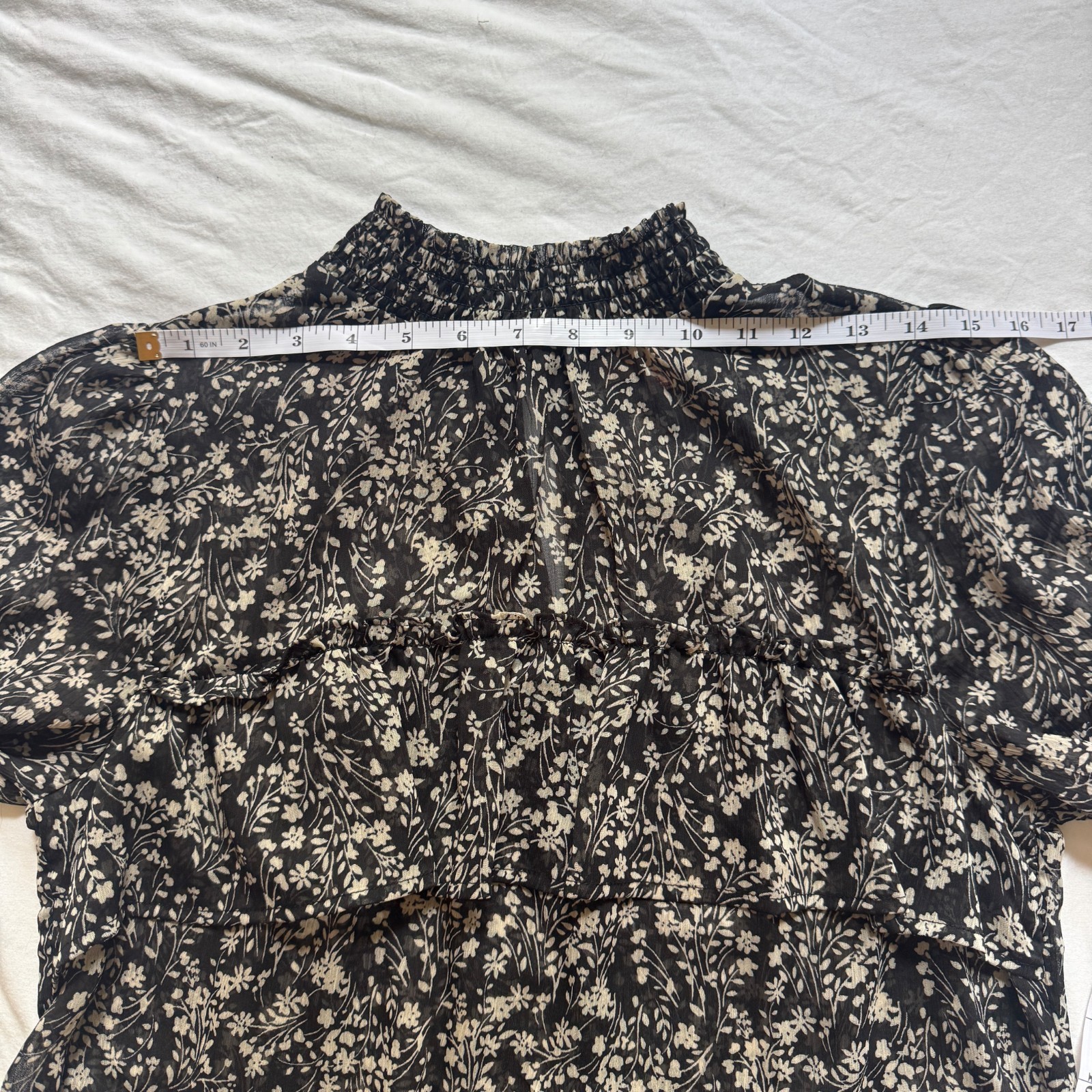 Floral Ruffle Smocked Neck Chiffon Top Black Floral Womens L Boho Fairy Cottage