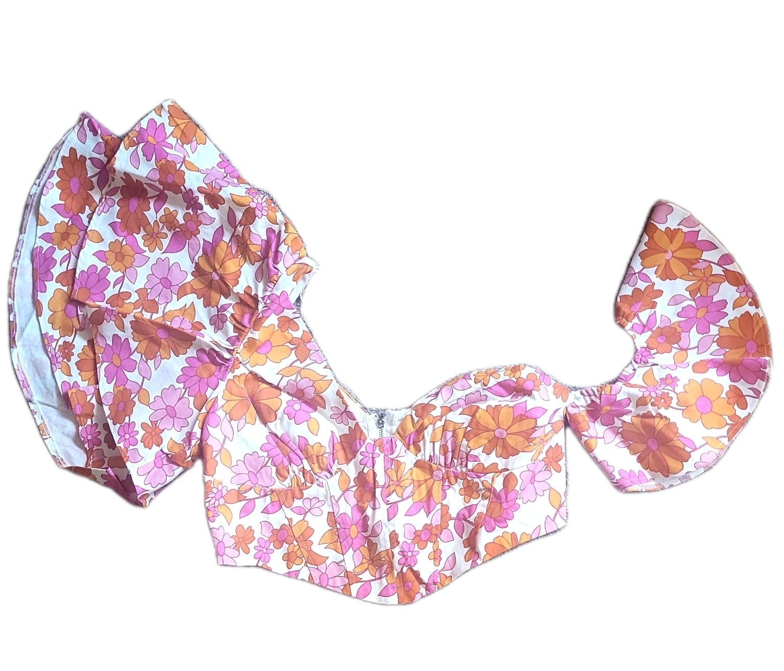 Klesis Floral Puff Sleeve Crop Top Pink Orange Retro Flower Power Festival Large