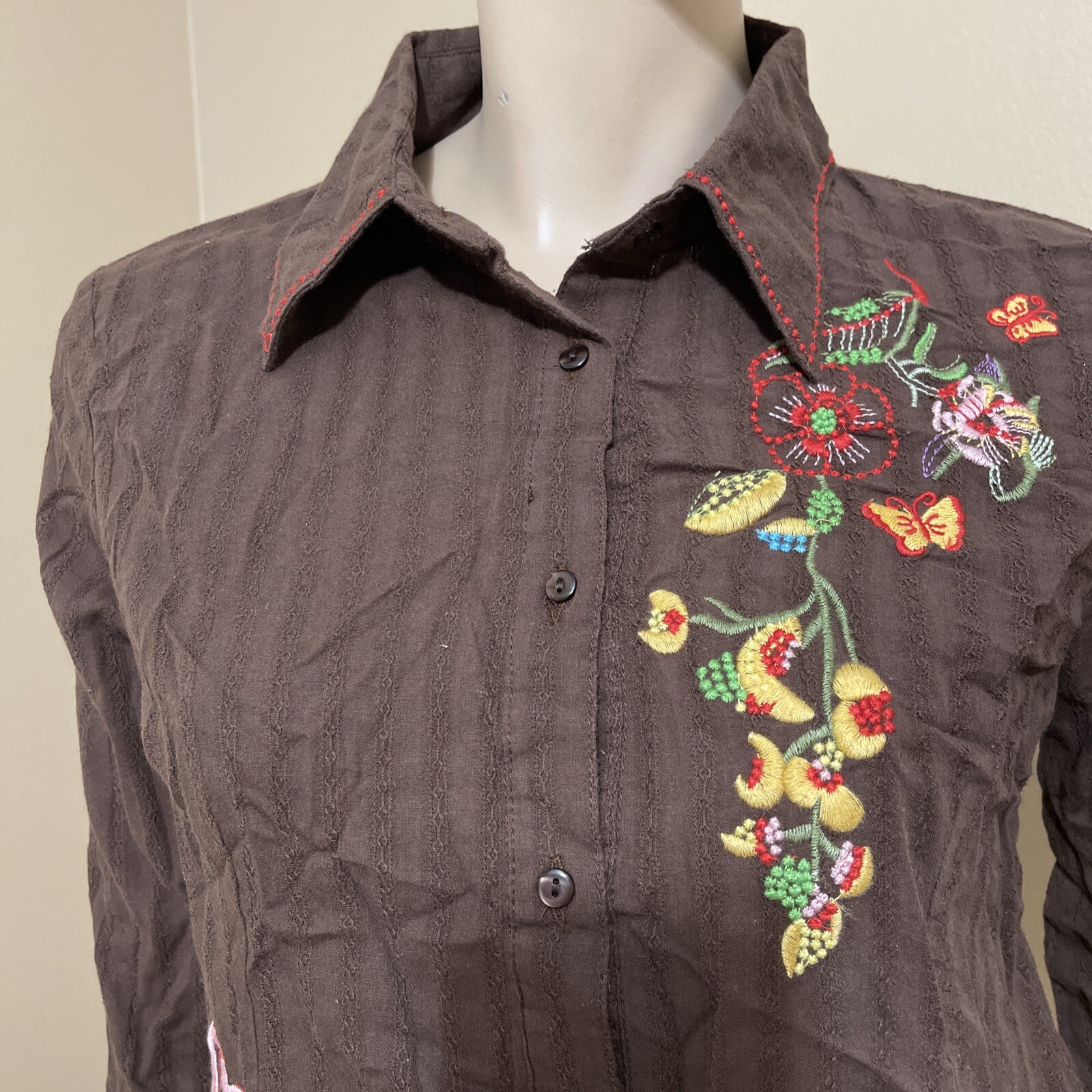 Women’s Brown Cotton Casual Embroidered Slit Sleeve Size M Button Up Blouse Top