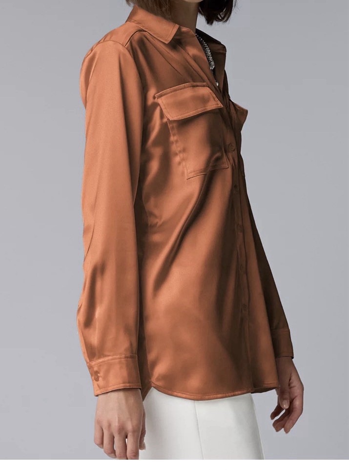 Women’s Vera Wang Glazed Ginger Brown Silky Button Down Shirt Size Large-NWT