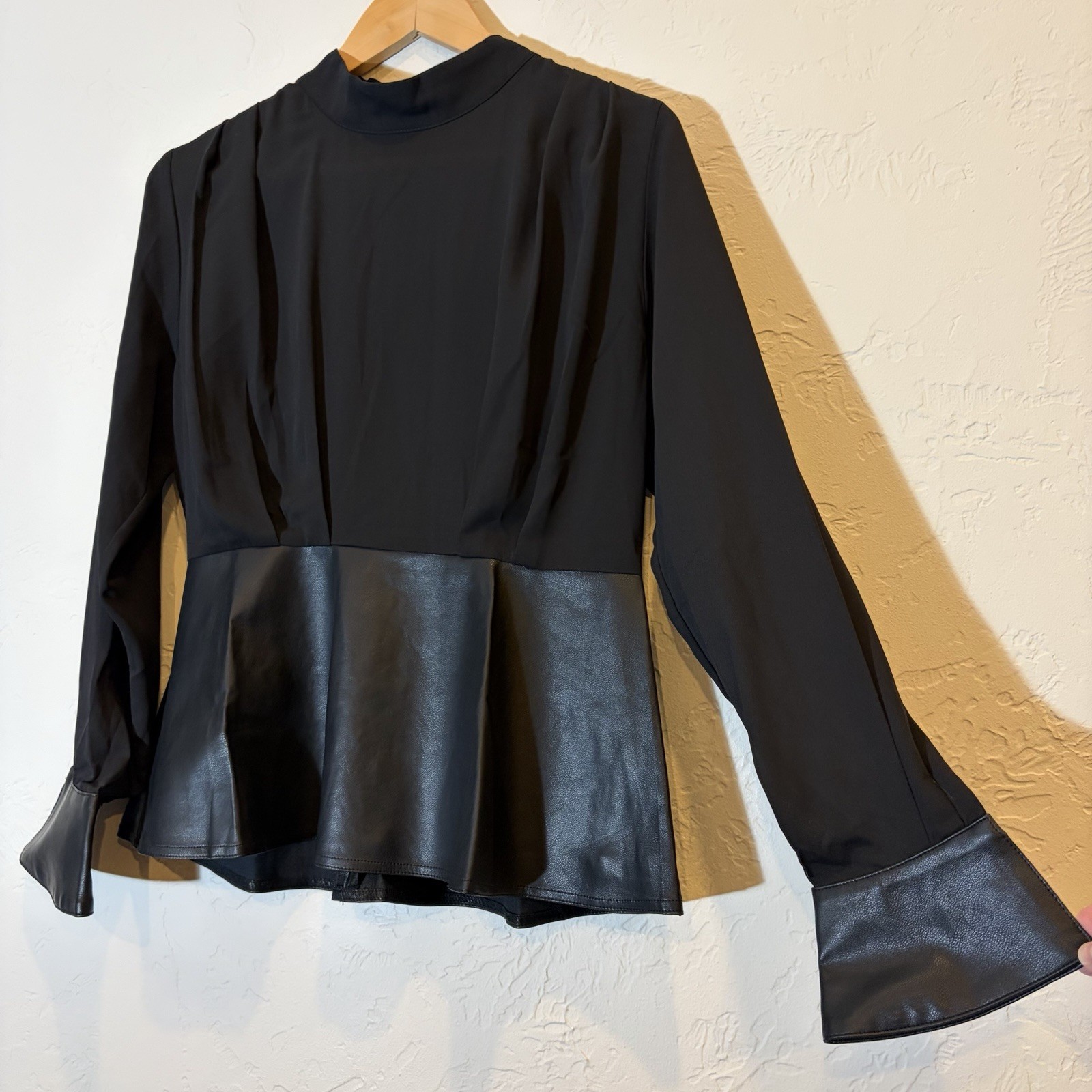 Gracia Black Faux Leather Peplum Blouse Bell Sleeve Mock Neck Top Size L