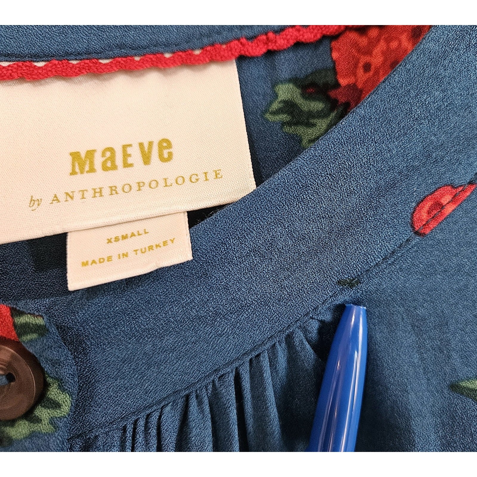 ANTHROPOLOGIE Maeve XS Kalas Blouse Top 1/2 Buttons Dark Turquoise Red Floral 38