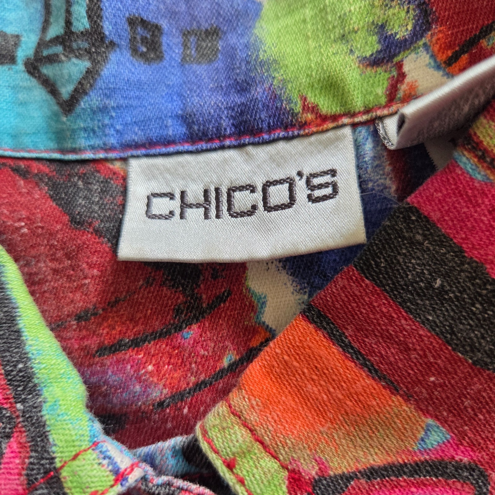 Vtg Chico’s Sleeveless Jacket Vest Vibrant Multicolored Big City Print Size 1