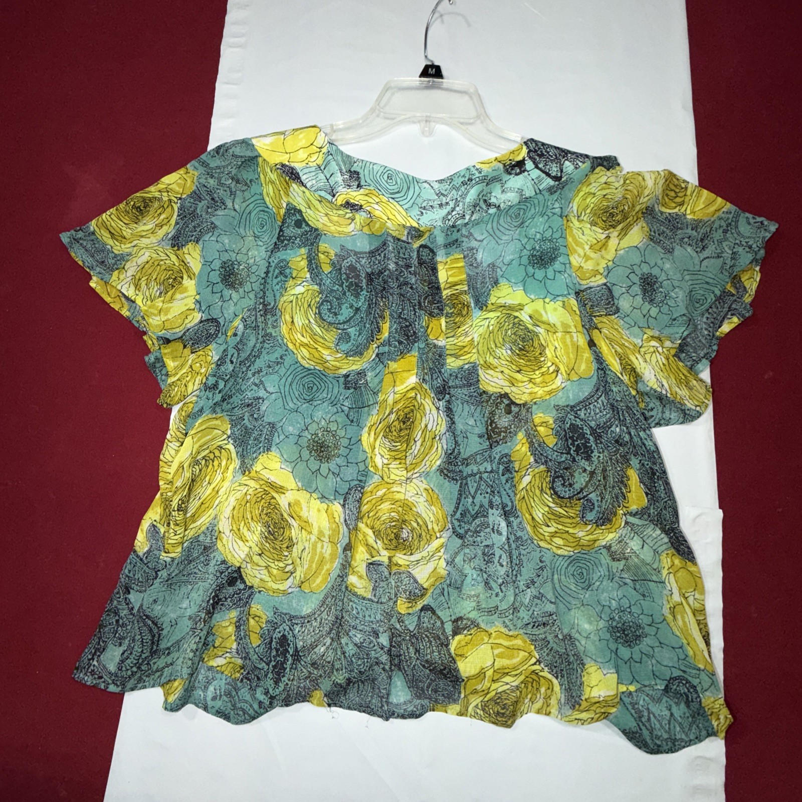 Nanette Lepore SILK Roses Blouse Flutter Sleeve Buttons Bow Lime Aqua SIZE 10 Lg