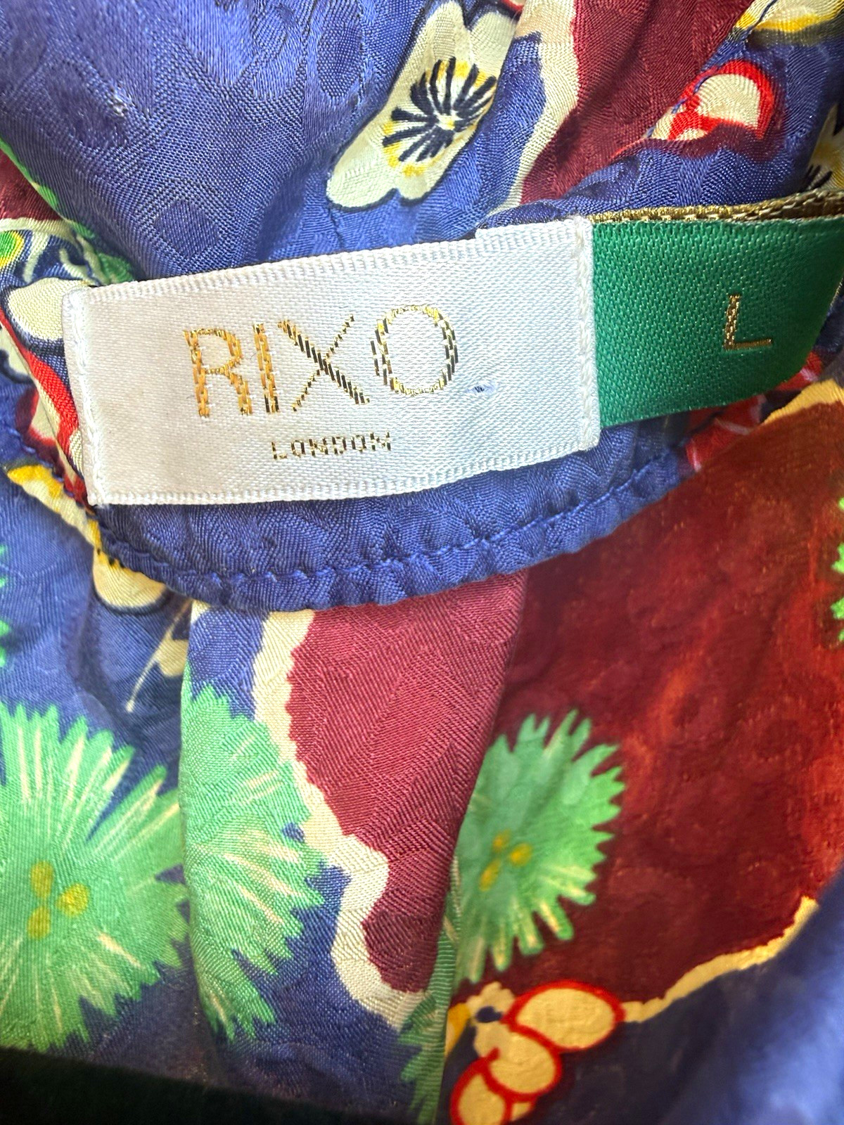 RIXO Women’s Blue Multicolor Floral Silk Satin Tie-Neck Blouse Long Sleeve L