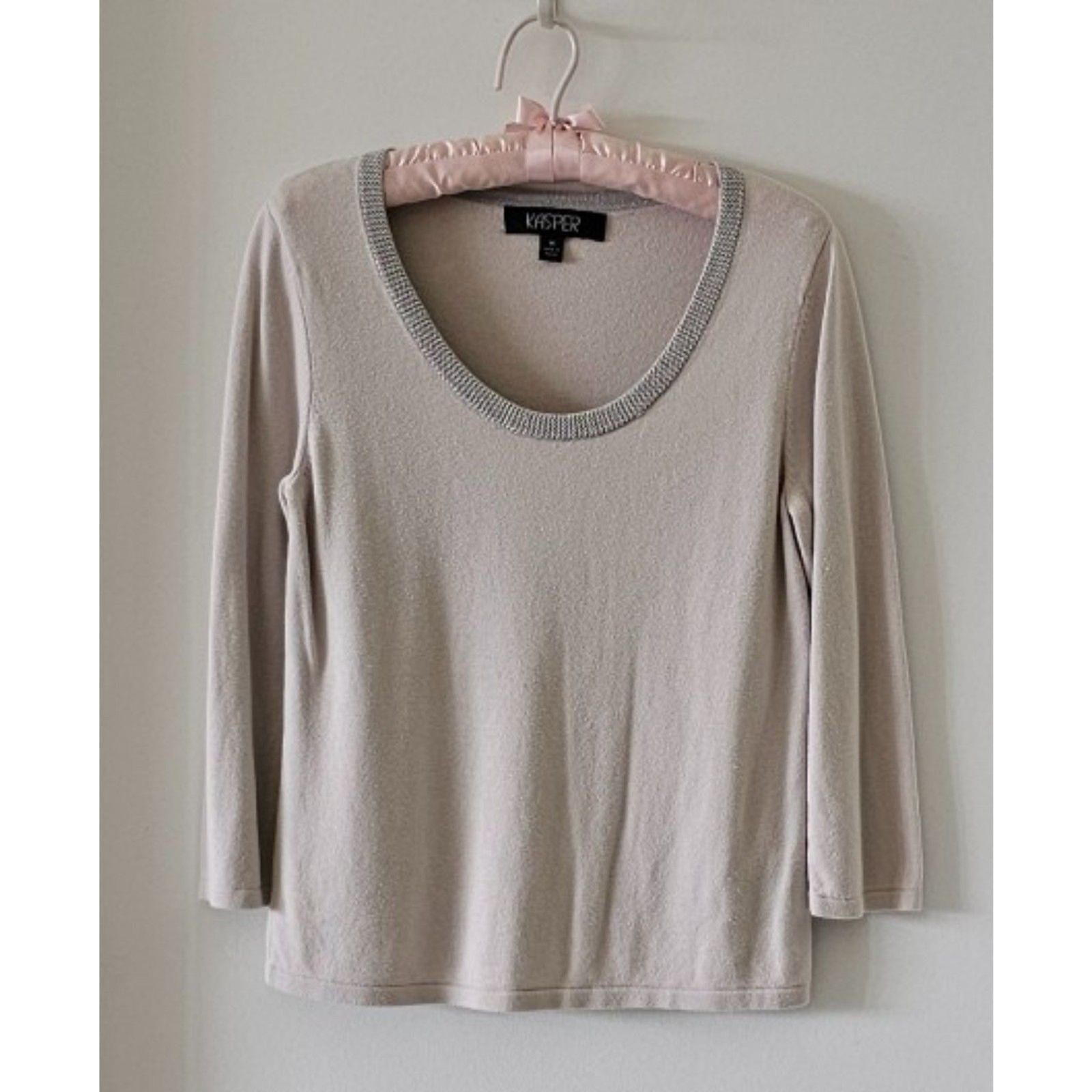 Kasper Gray Top Blouse Size M Long Sleeve Embellished Round Neck
