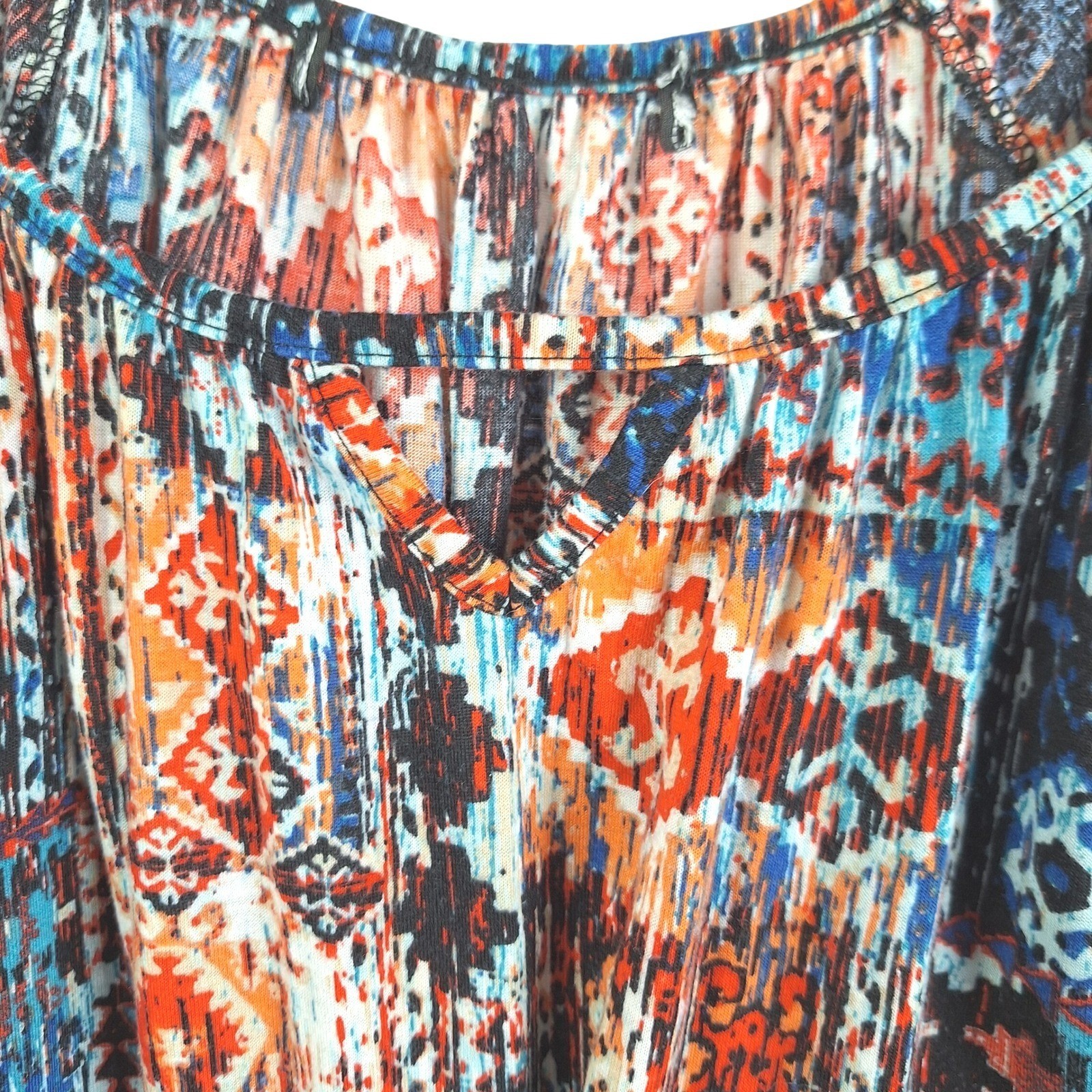 Boho Geometric Ikat Print Tie Front Top with Crochet Lace Sleeves Blue Orange XL