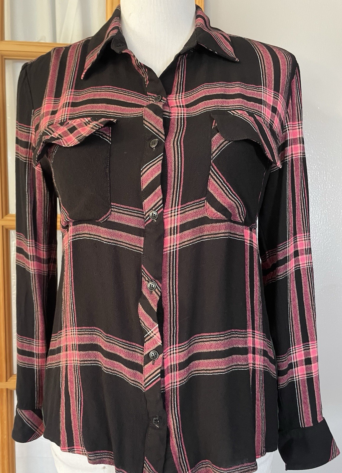 Guess LA Floral Plaid Button Shirt Womens Sz S Gray Orange Preppy Boho Cottage