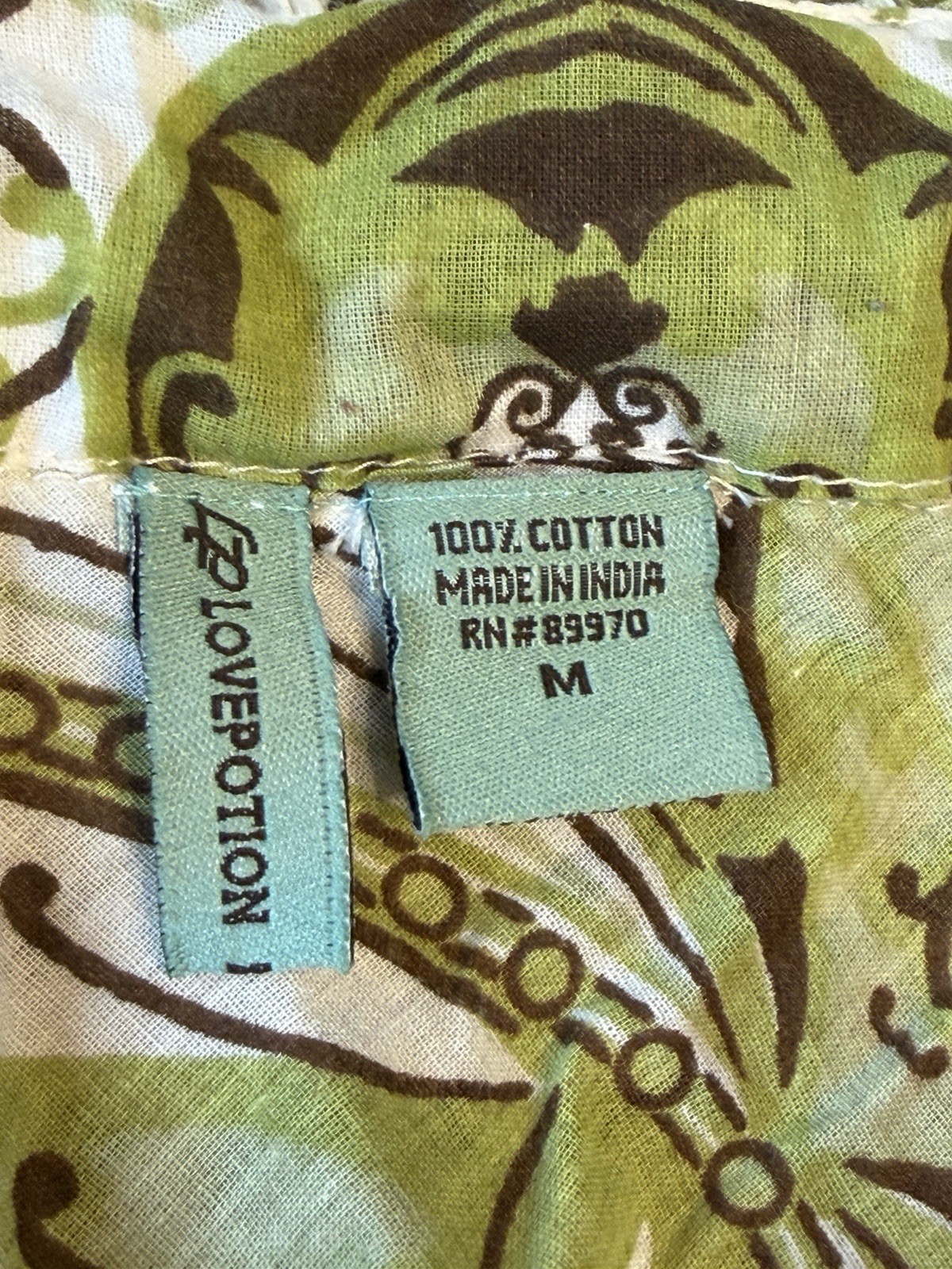 Revolution Women’s Green White Brown Paisley Smocked Button Blouse Size M