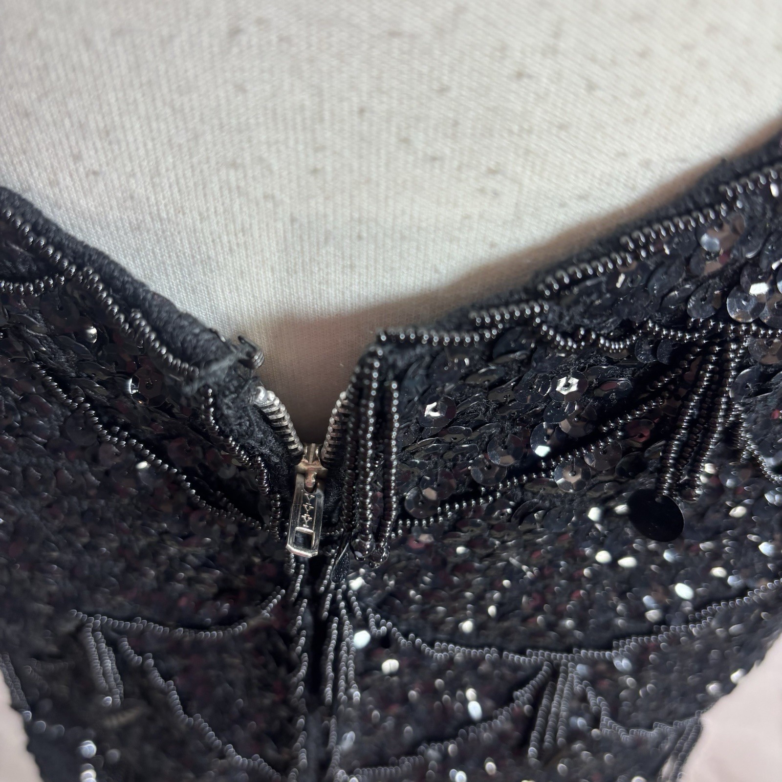 Vintage 60s Flapper Black Shiny Beaded Blouse Top Fringe Sequins Silk M Glam