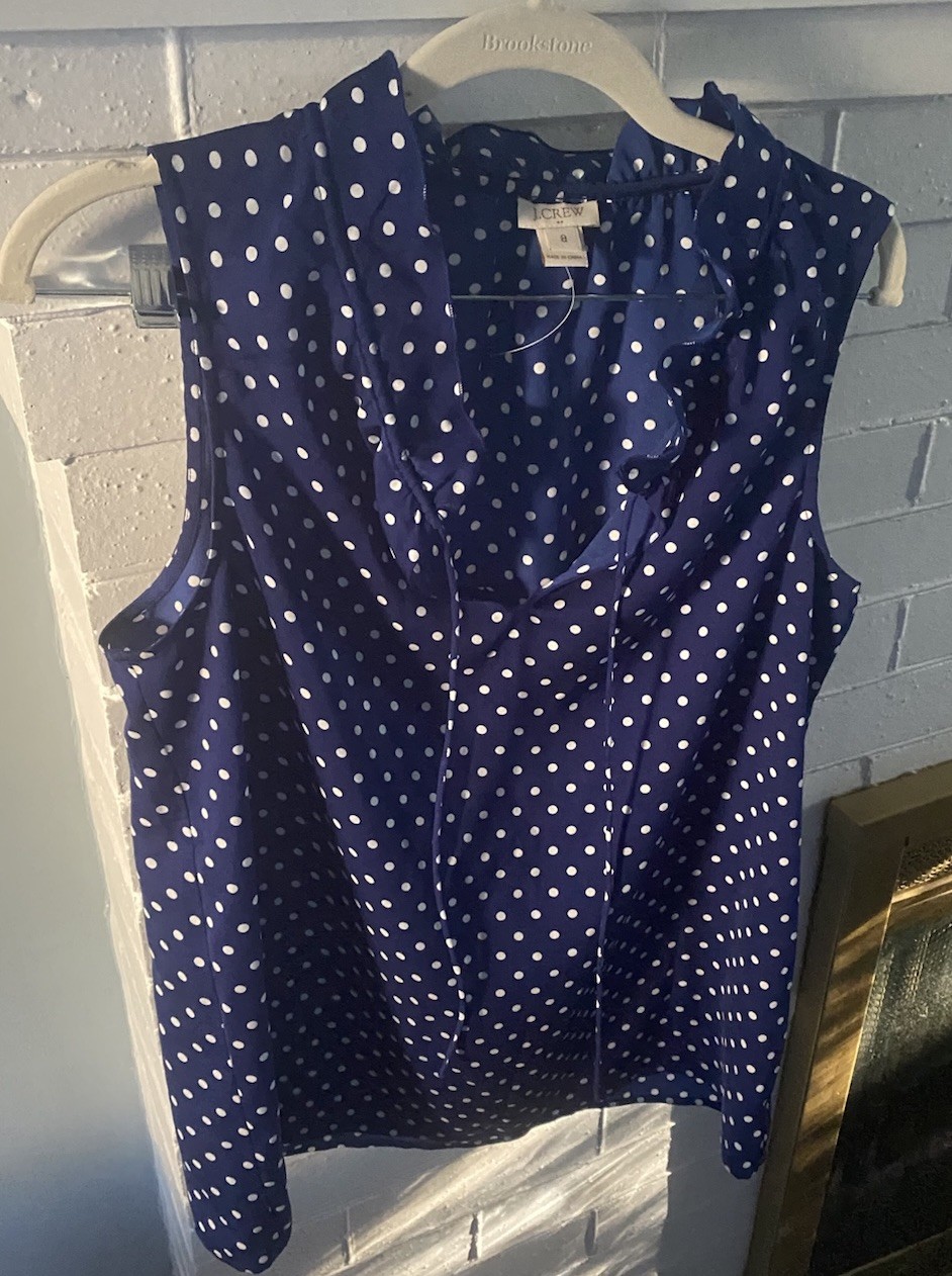 NWOT Sz 8 J. Crew Navy Blue And White Polka Dot Blouse With Drawstring Closure