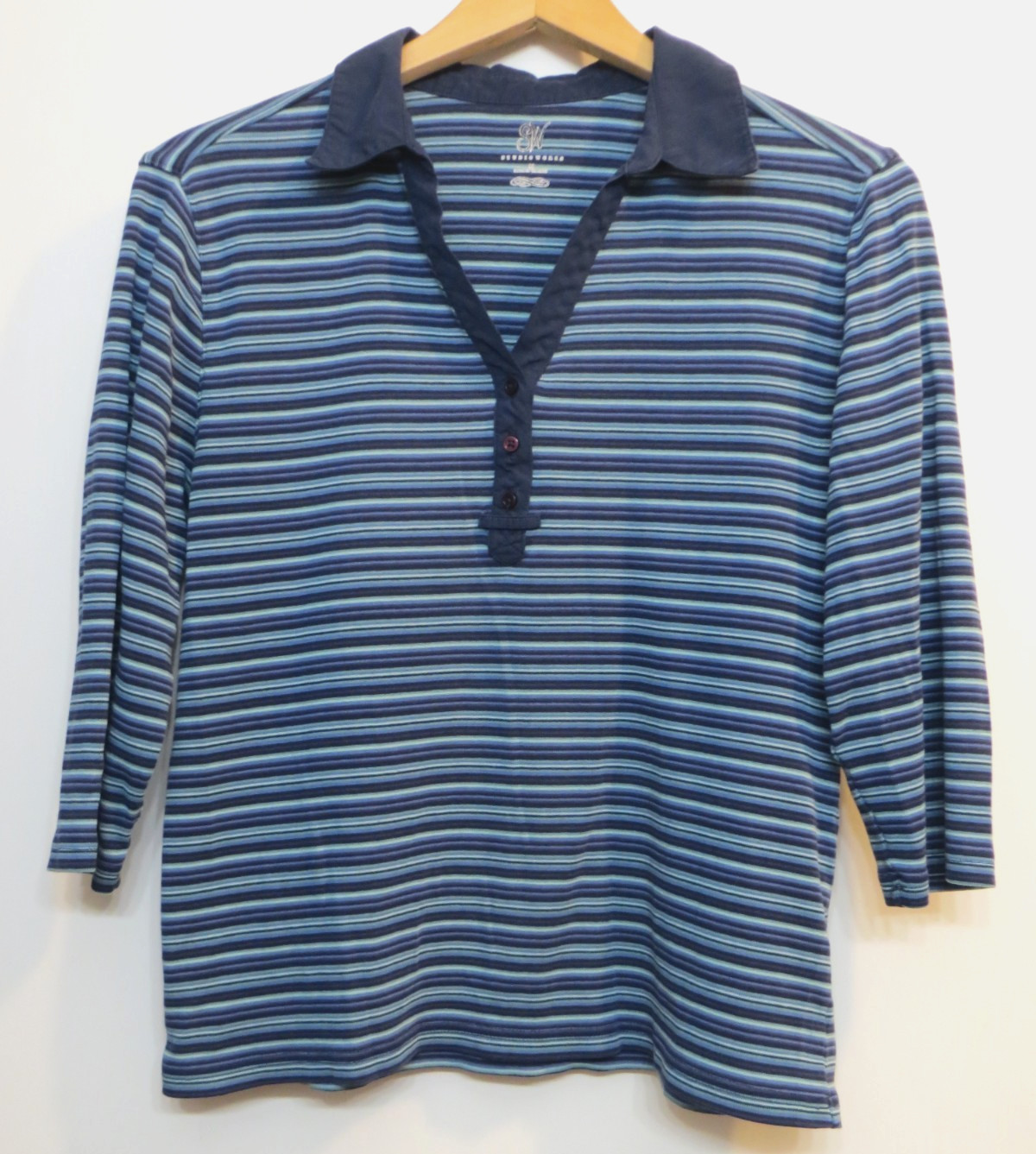 Studio Works Shirt Womens Medium Blue Striped Pullover Collared Stretch Top
