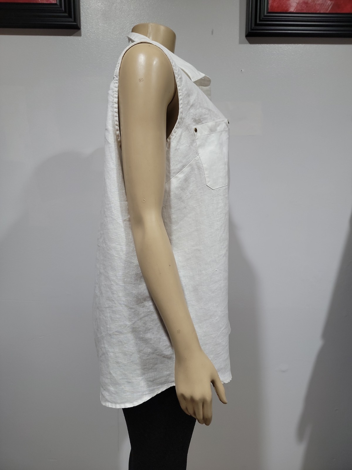 Ellen Tracy 100% Linen Women’s Top XL White Gold Tone Buttons Sleeveless #CC