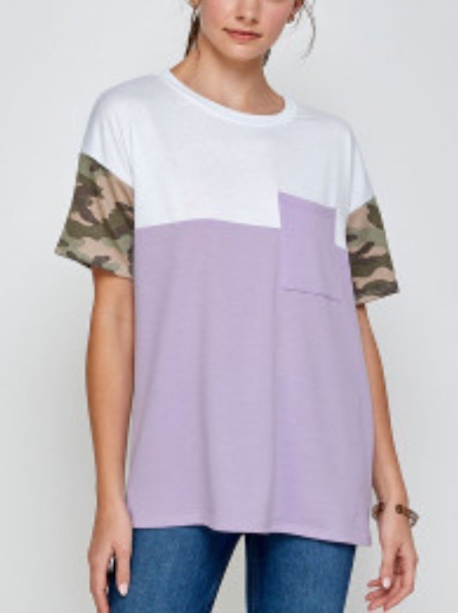 Watermelon Color‑Block Camo Sleeve Tee in Plus 1XL, 2XL, 3XL – Lavender/White