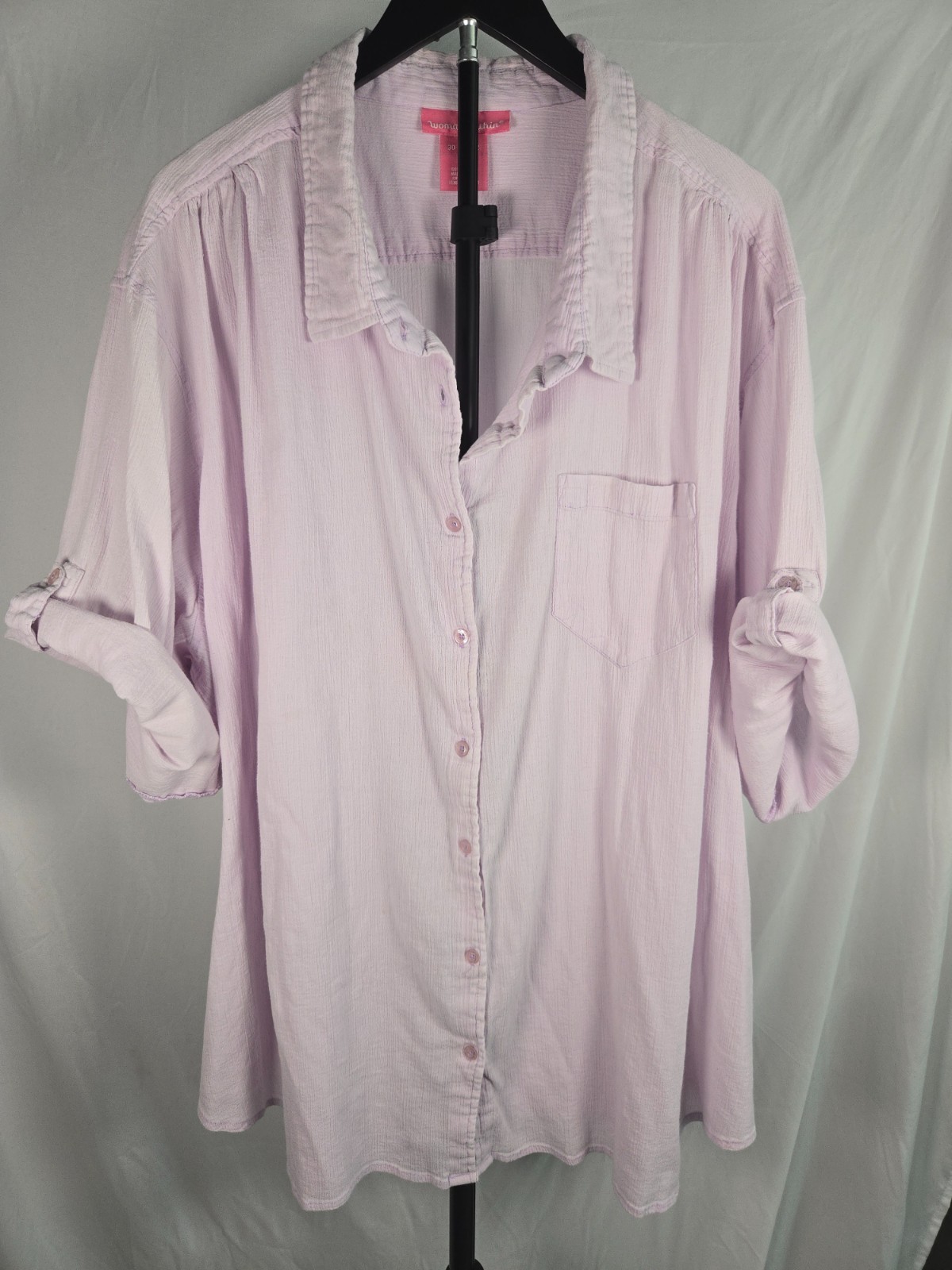 Woman Within Sz 5X Lilac Purple Gauze Button Front Shirt Cotton Roll Tab Sleeve