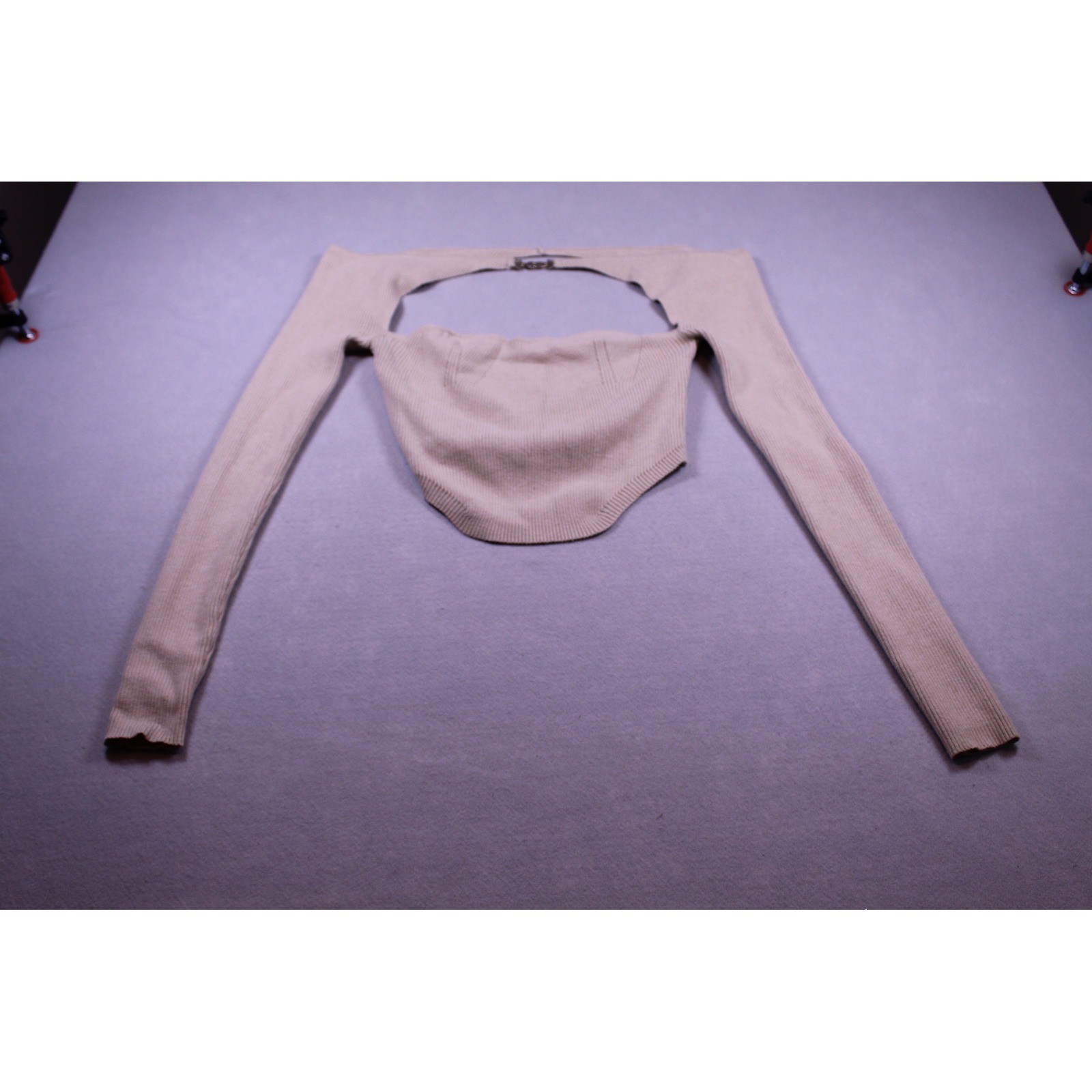 Blanc Clothing Beige Ribbed Knit Cutout Long Sleeve Top Shrug Chain Detail Large