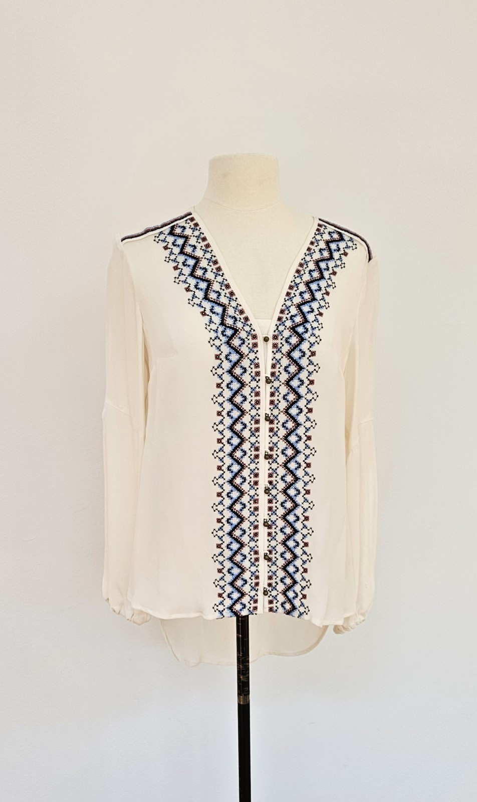 Veronica Beard Dream Long Sleeve Embroidered Silk Blouse Cream White Excellent 6
