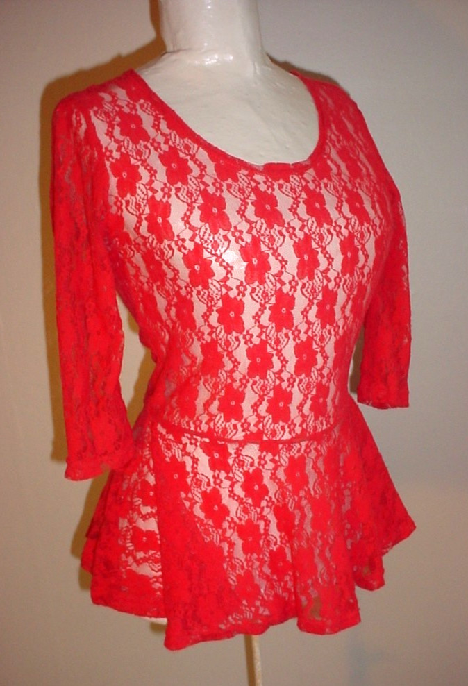 Seduction Sheer Lace Top Size Small Peplum Skirt Stretch Melon Pink 3/4 Sleeve
