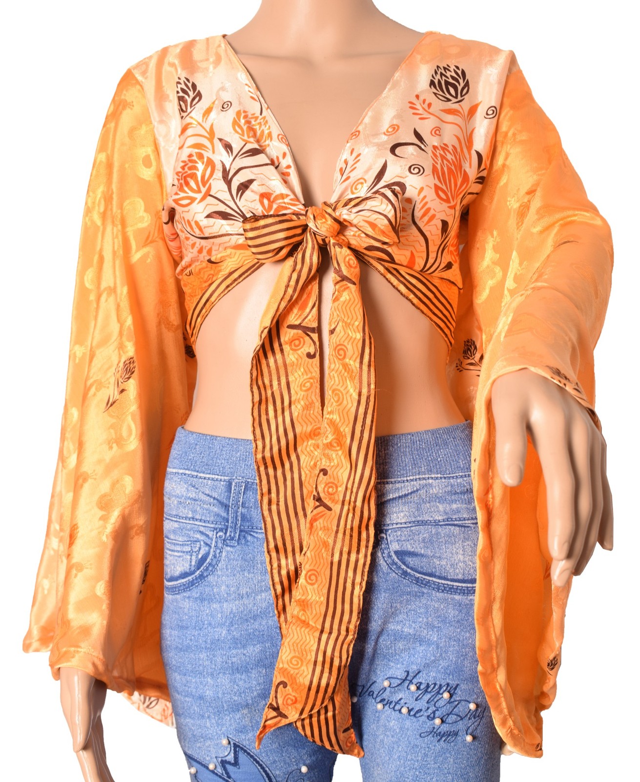 Sushila Vintage Bell Sleeve Boho Orange NEW Recycled Silk Saree Top 70,s Retro