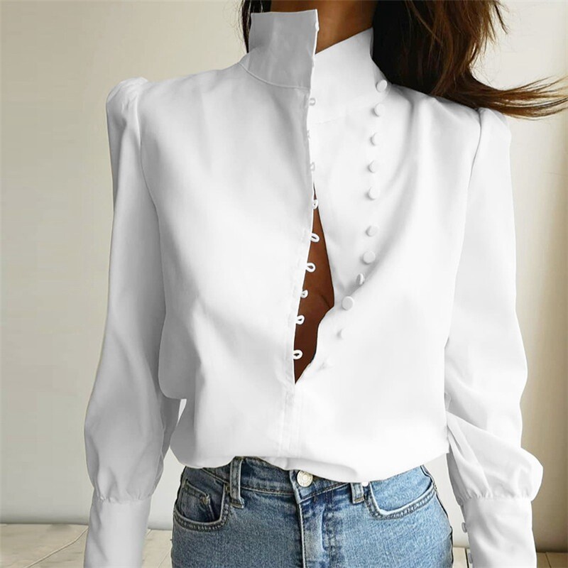 Turtleneck Shirt Blouses Puff Sleeve Women Pure color Casual Long sleeve Elegant