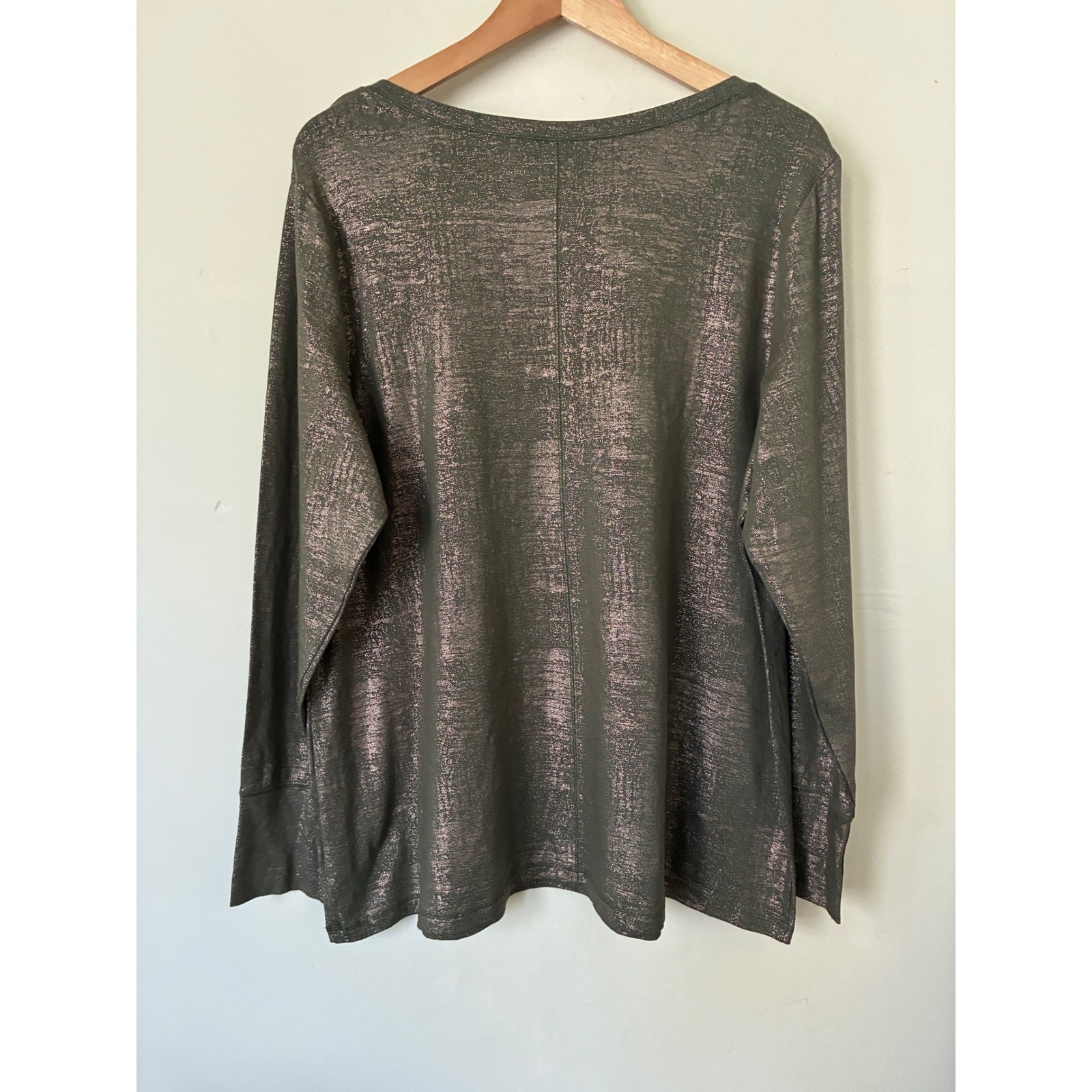 ana Olive Green Rose Gold Metallic Foil Long Sleeve Top 1X Plus Grunge Chunky