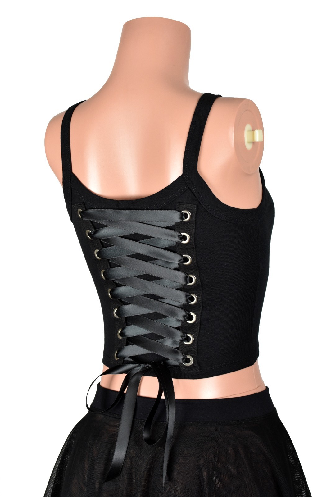 Black Lace-Up Back Grommet Cropped Tank Top S M L XL 2X corset lacing metal goth