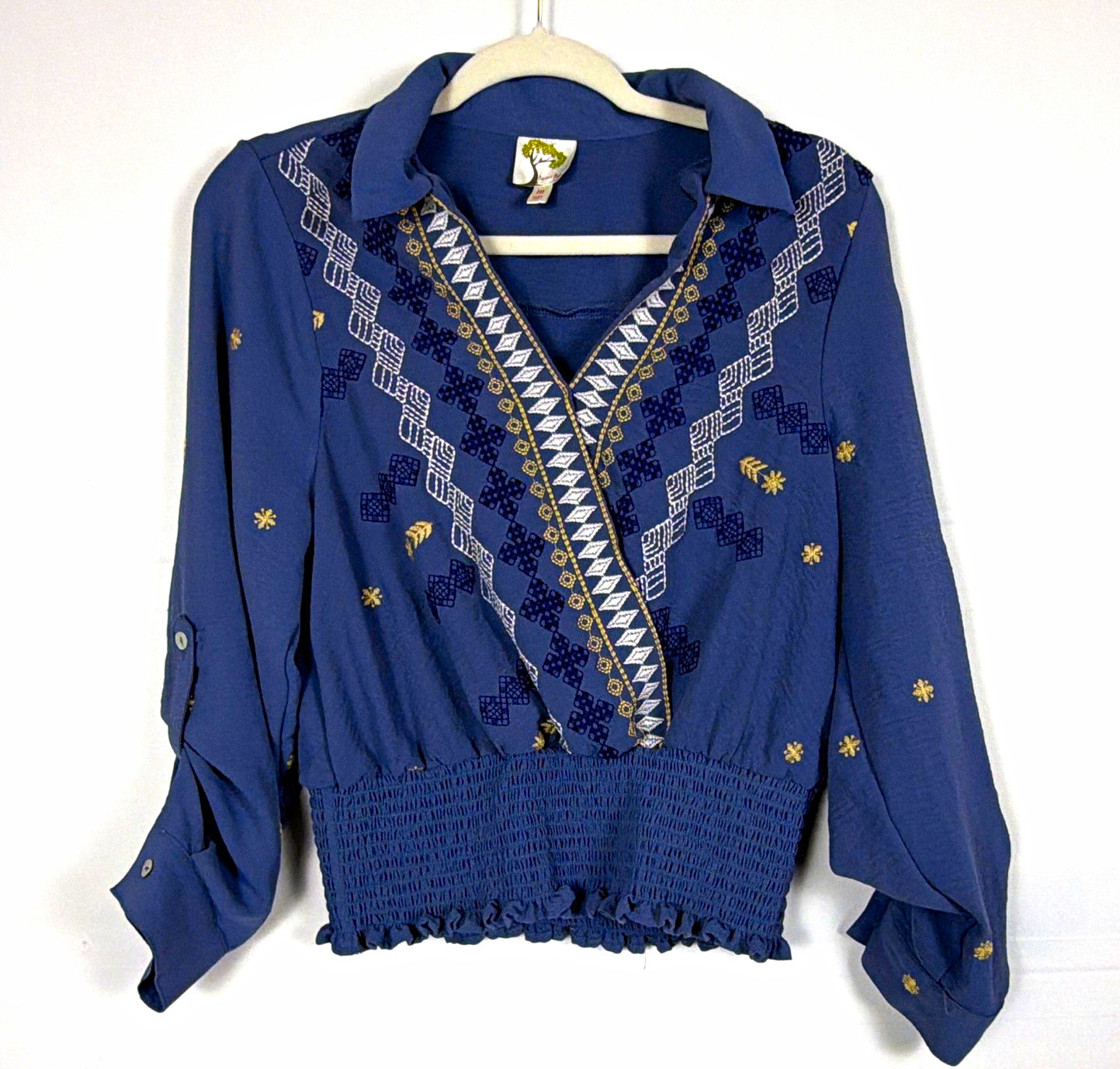 Fig and Flower Blue Geometric Embroidered Smocked Waist Blouse M