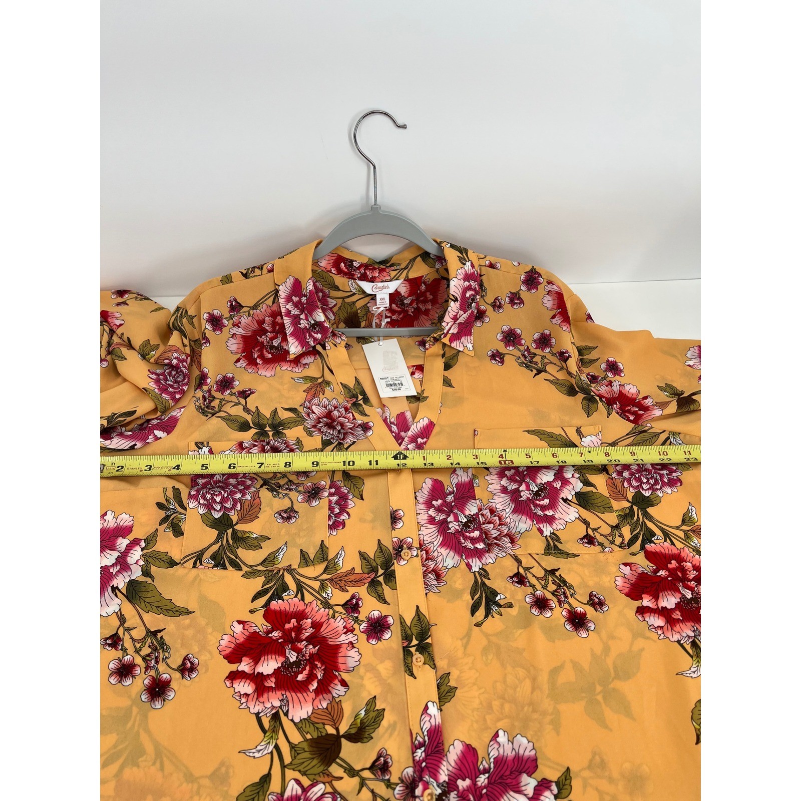 Candie’s Sz XXL Mustard Yellow Floral Roll Tab Long Sleeve Blouse NWT Org $38