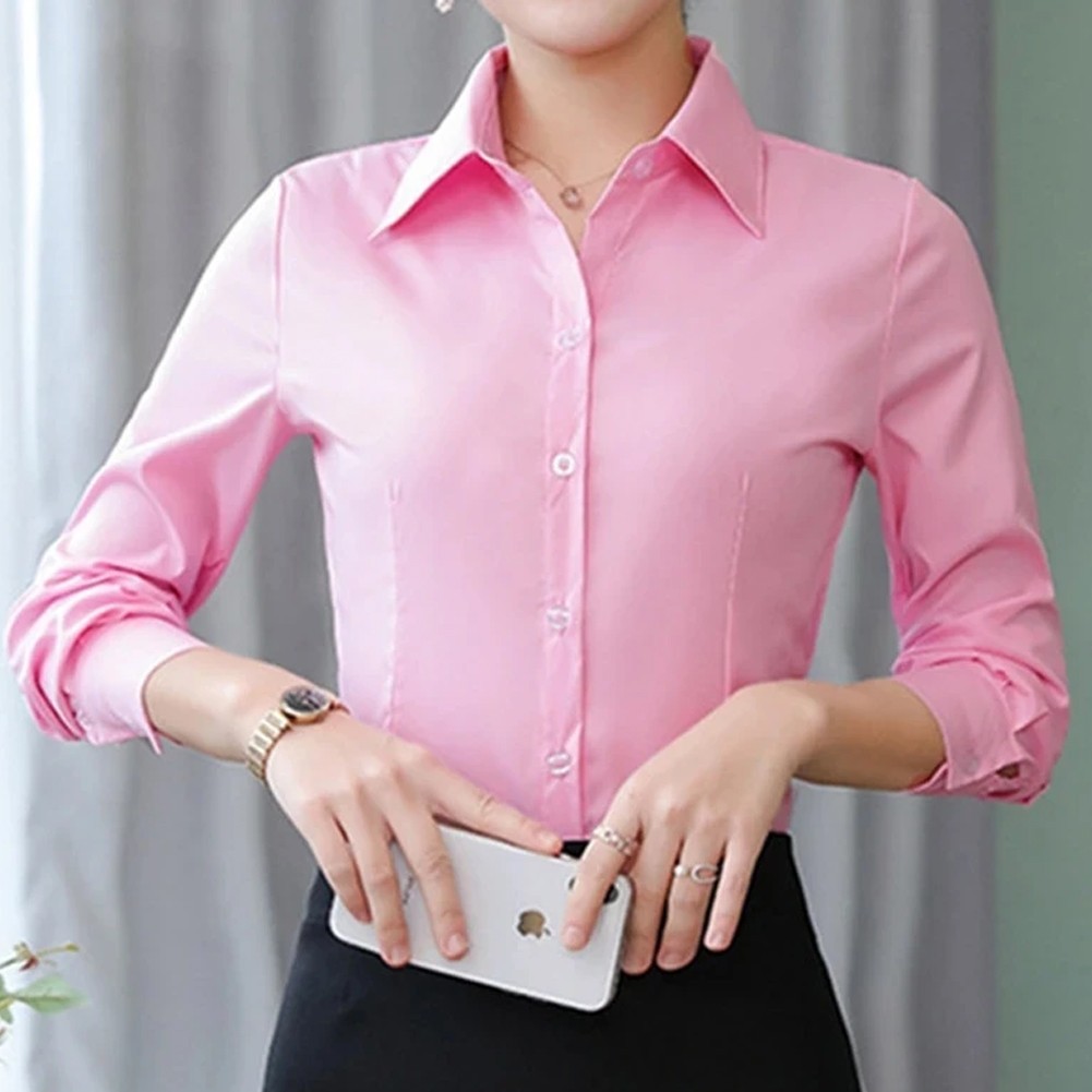 Ladies Office Lady Business Shirt Women Solid Button for Up Long Sleeve Blouse