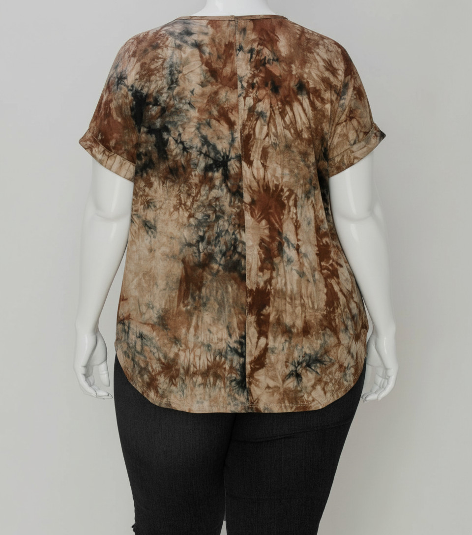 Coin 1804 Women’s Brown Tie-Dye V-Neck Cuffed Sleeve T-Shirt Top Plus Size 2X